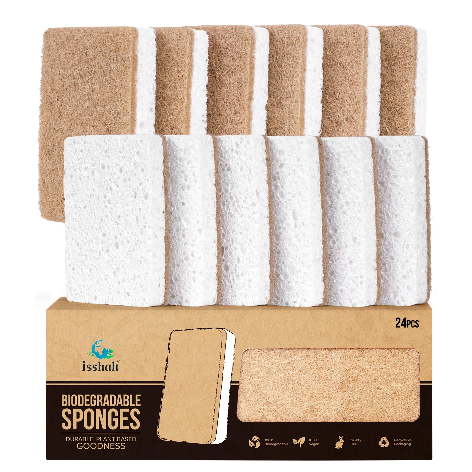 Isshah Plant-Based Kitchen Sponges - Natural, Eco-Friendly, Biodegradable Sisal Hemp Sponges for Dishes, Cleaning Sponge for Kitchen, Bathroom