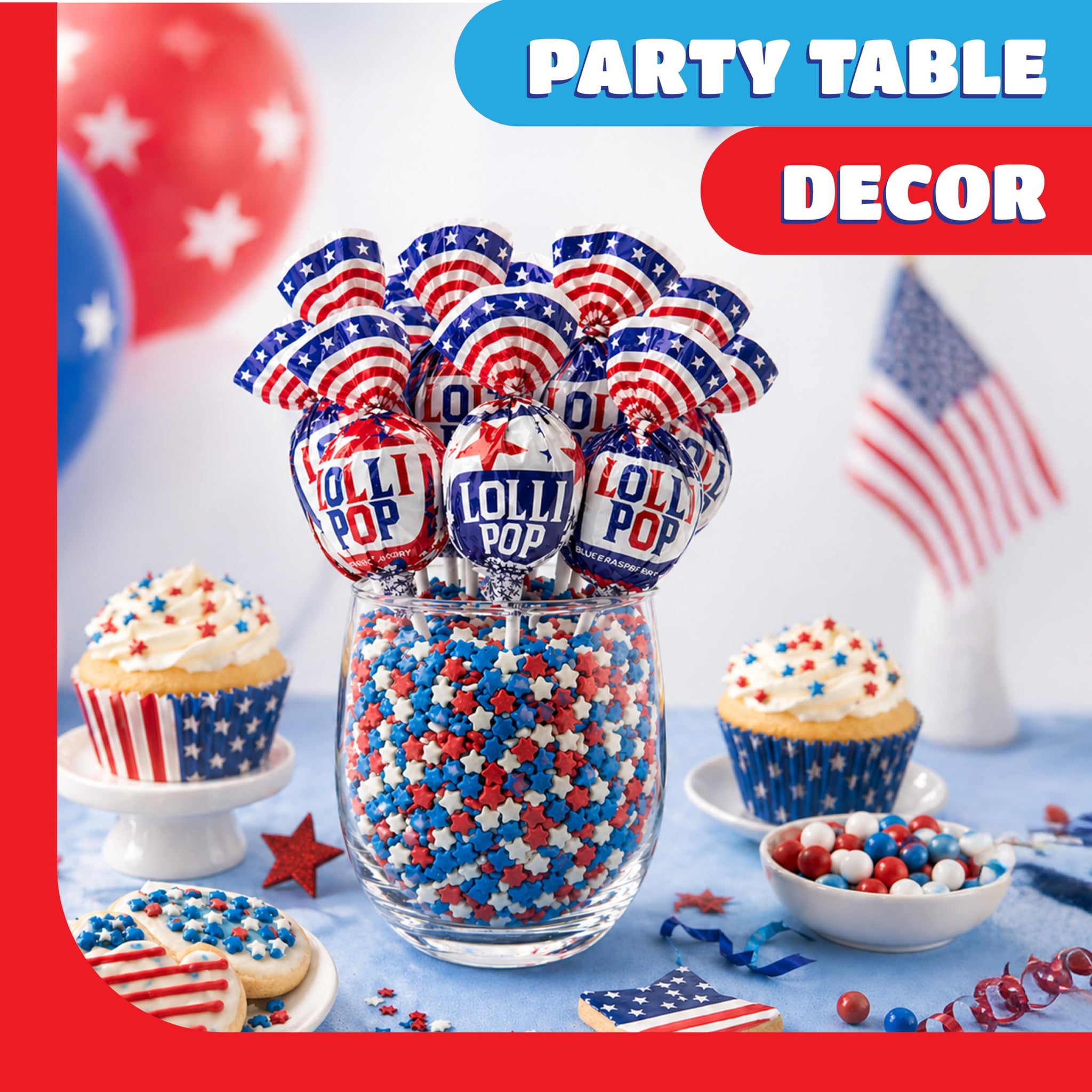 Patriotic Candy - 2 Pound Bulk Pack (35 Count) - Fourth of July Lollipops - Red White Blue Candy - Individually Wrapped - Cherry, Vanilla, Blue