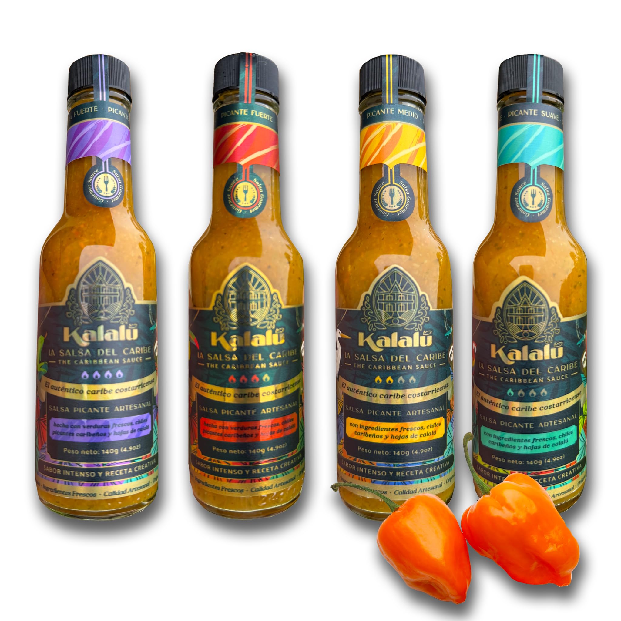 Kalalu Caribbean Hot Sauce Gift Set by Chiletico - 4-Pack Sampler (Mild, Medium, Hot, Extra Hot) - Authentic Costa Rican Flavors - 4.9 oz Each - Total