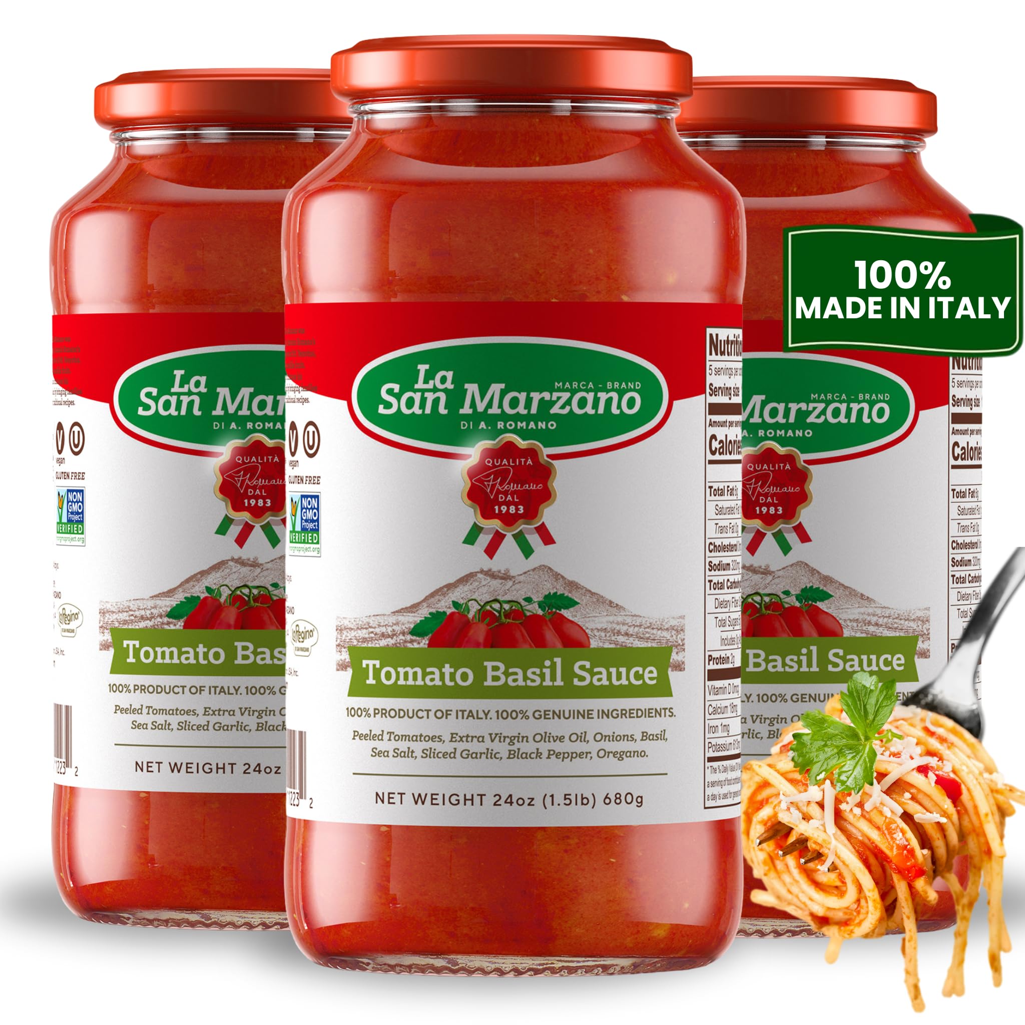 La San Marzano Tomato Basil Sauce, 24 oz, Pasta Sauce Made in Italy, All Purpose Tomato Premium Quality, All Natural, Mediterranean Diet, Non GMO