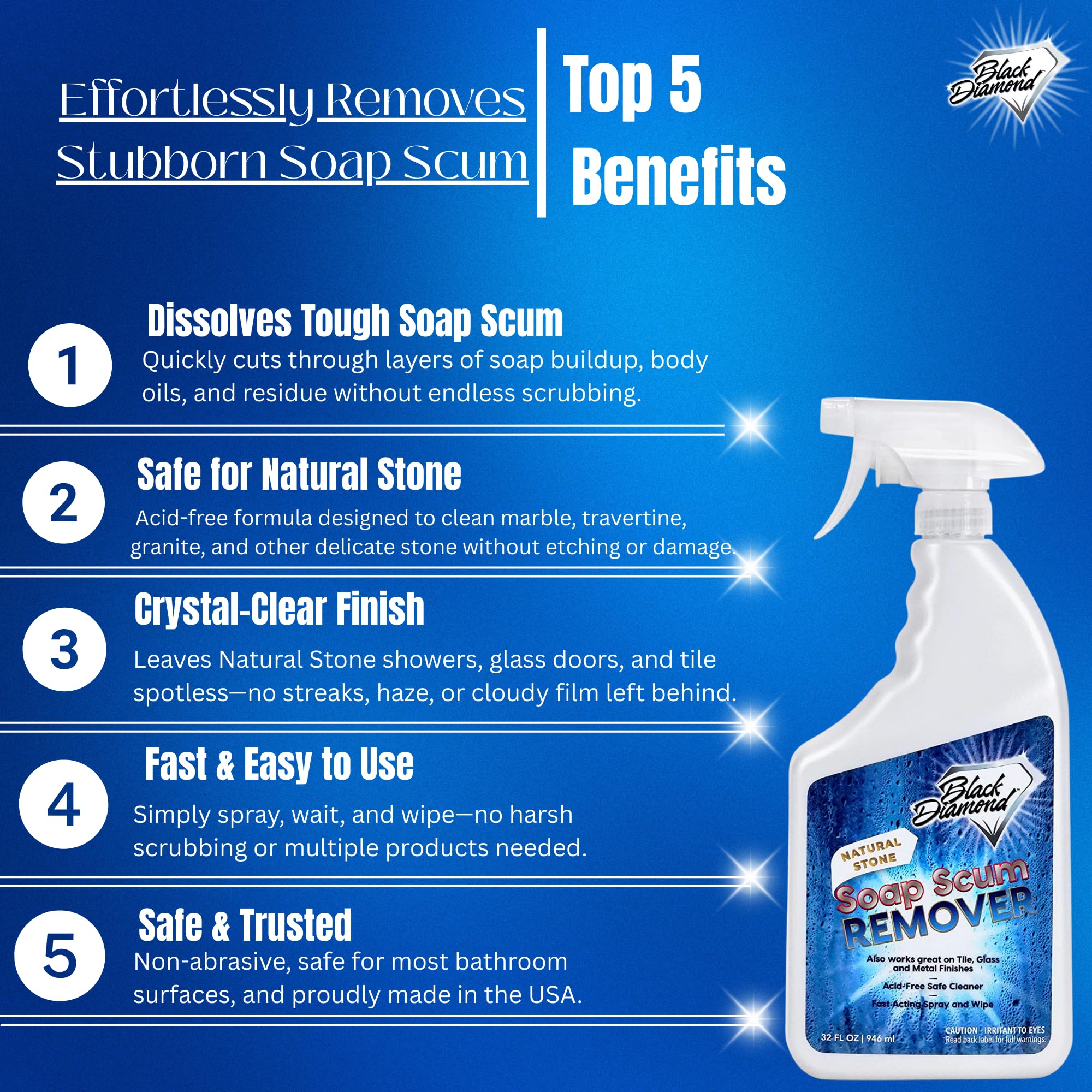 Black Diamond Stoneworks Natural Stone Shower Soap Scum Remover Spray. For Cleaning Bathtubs, Glass Doors, Tubs, Travertine, Marble, Tile. Heavy Duty