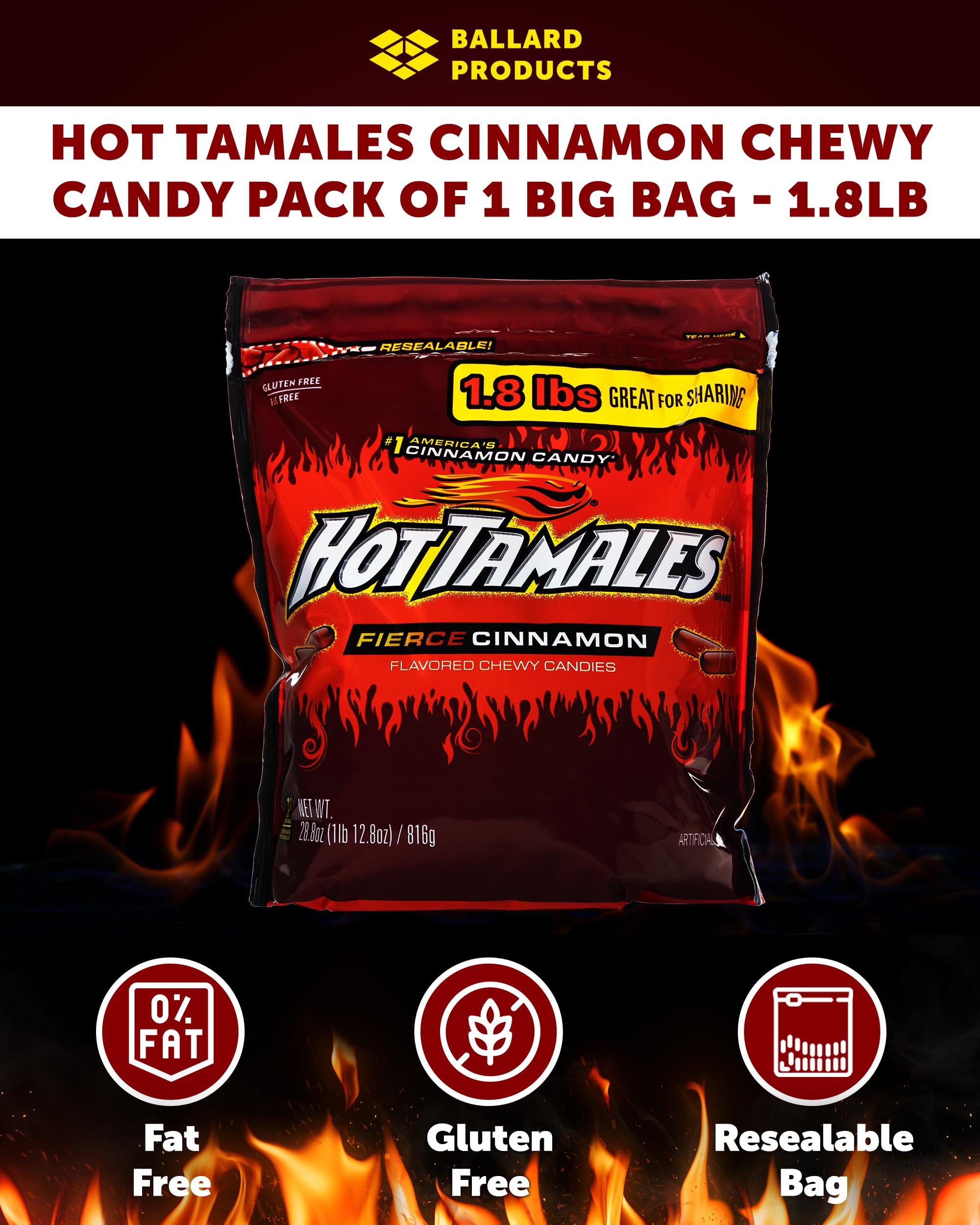 Hot Tamales Cinnamon Chewy Candy Pack of 1 Big Bag - 1.8lb Each - Bulk Candy Bundle of Spicy Cinnamon Candy - Bundle with Ballard Products Resealable