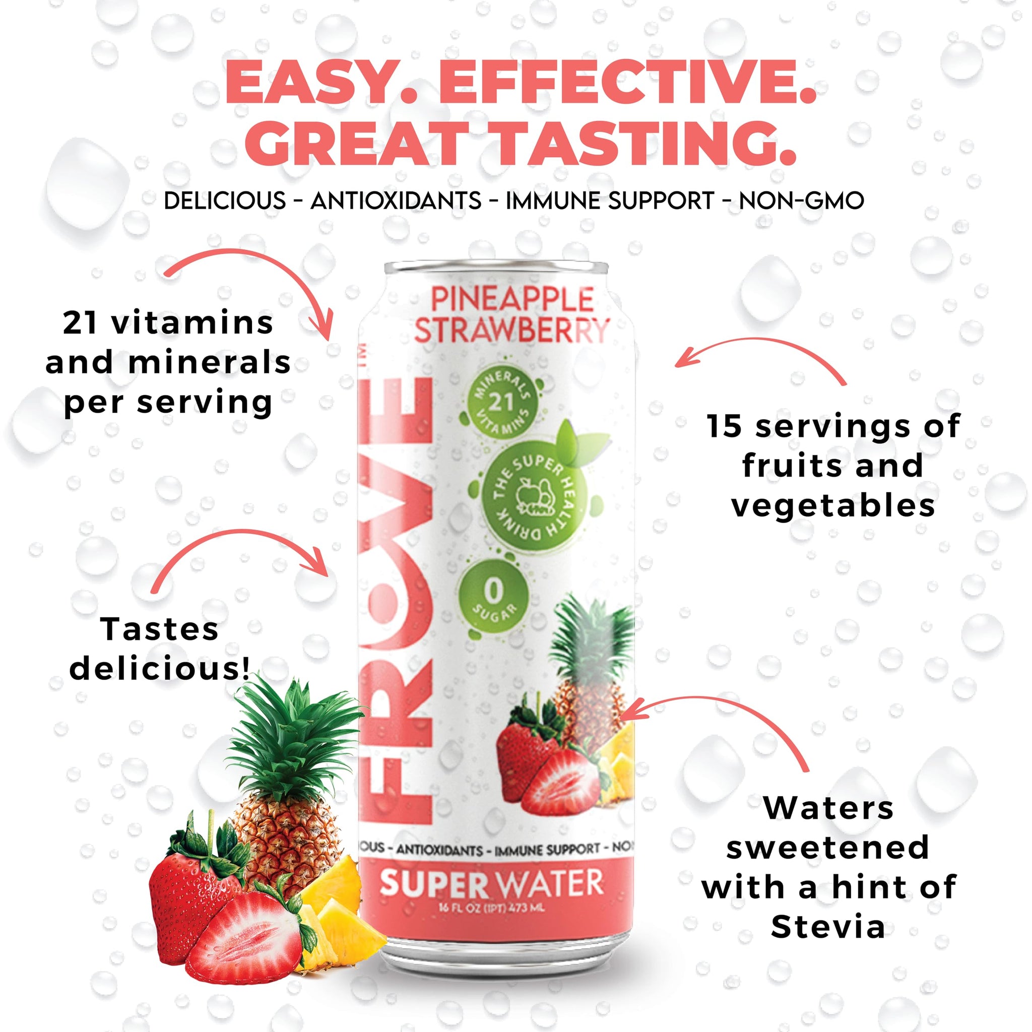 FrUve Super Water | Pineapple Strawberry Flavor | 12 16oz Cans | Healthy Drink | Zero Sugar | Low Calorie Drink | Powerful Antioxidants | Boosts