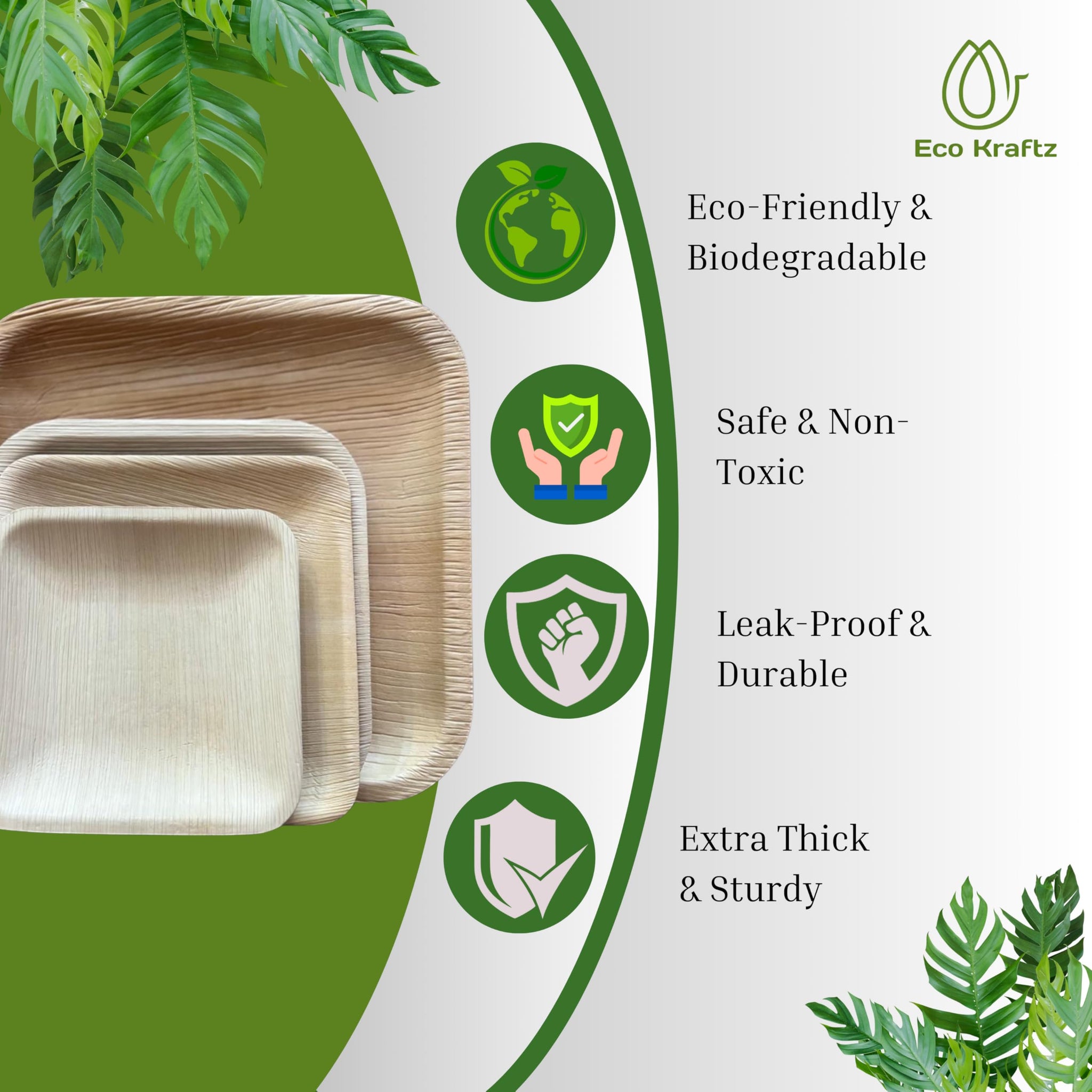Eco Kraftz 50-Pack Square Palm Leaf Plates-Compostable & Biodegradable, Sturdy Disposable plates for Weddings, Events, Odor-Free, Microwave Safe