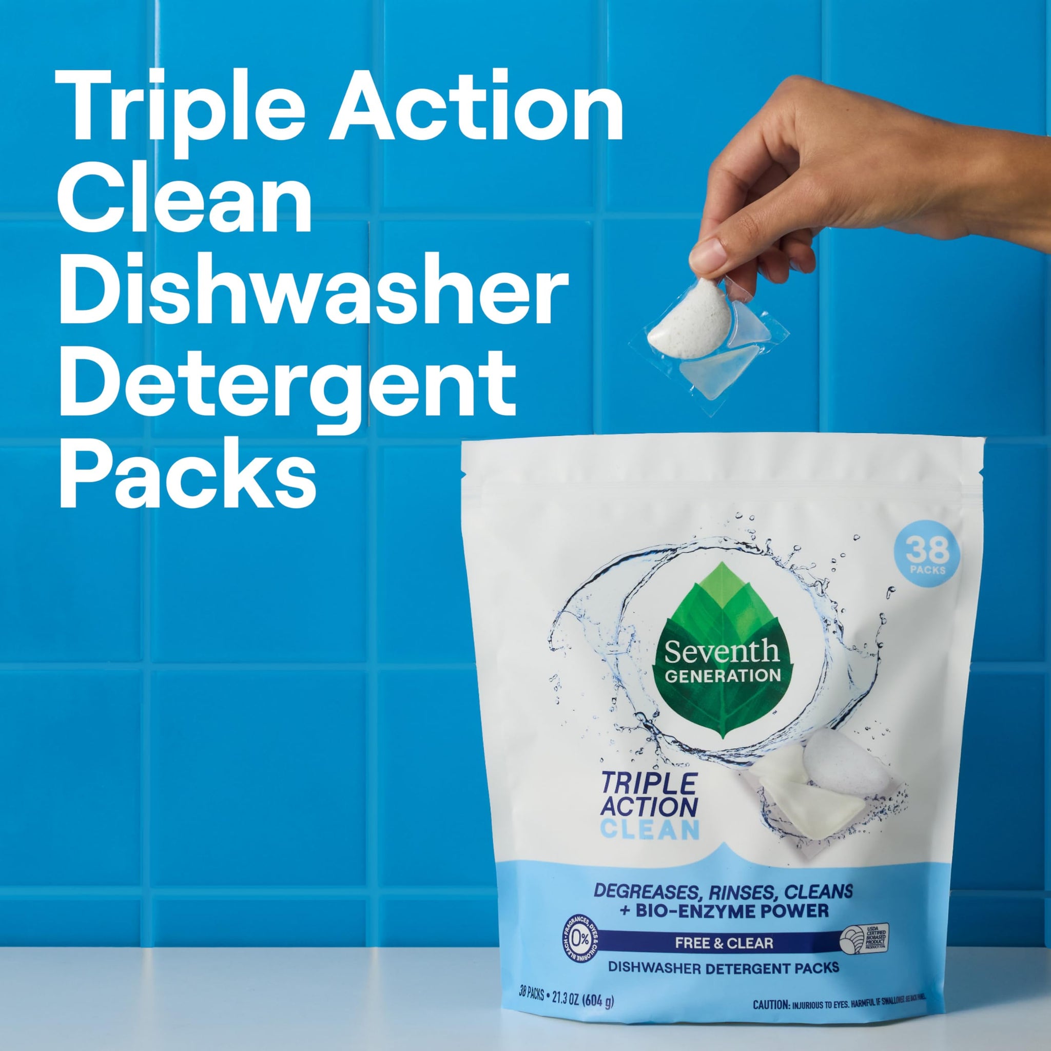 Seventh Generation Triple Action Clean Automatic Dishwasher Detergent Packs with Bio-Enzyme Power, Free & Clear, Fights 48-hour Stuck-on Food, 54