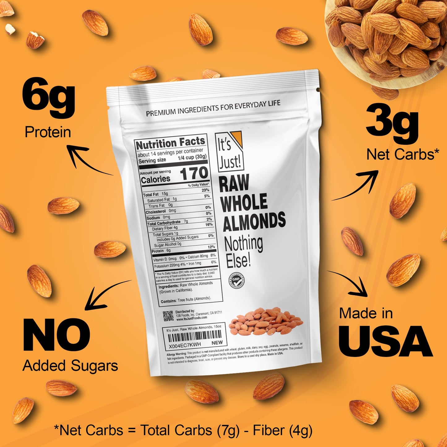 It's Just! Raw Whole Almonds - Unsalted, Premium Quality, Grown in California - 32oz (2lbs)