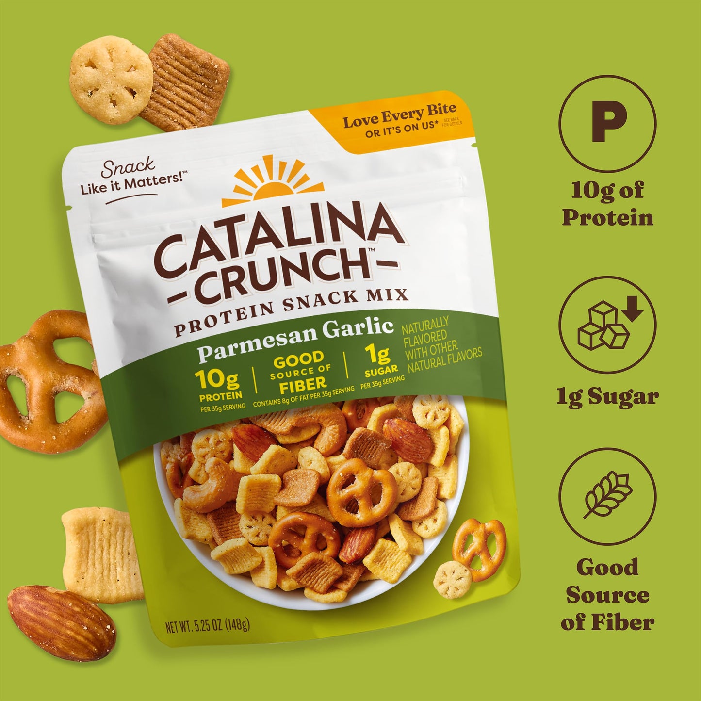 Catalina Crunch Protein Snack Mix - 10g Protein, 1g Sugar per Serving - Good Source of Fiber, Gluten Free - Parmesan Garlic, 5.25 Ounce Bag (Pack