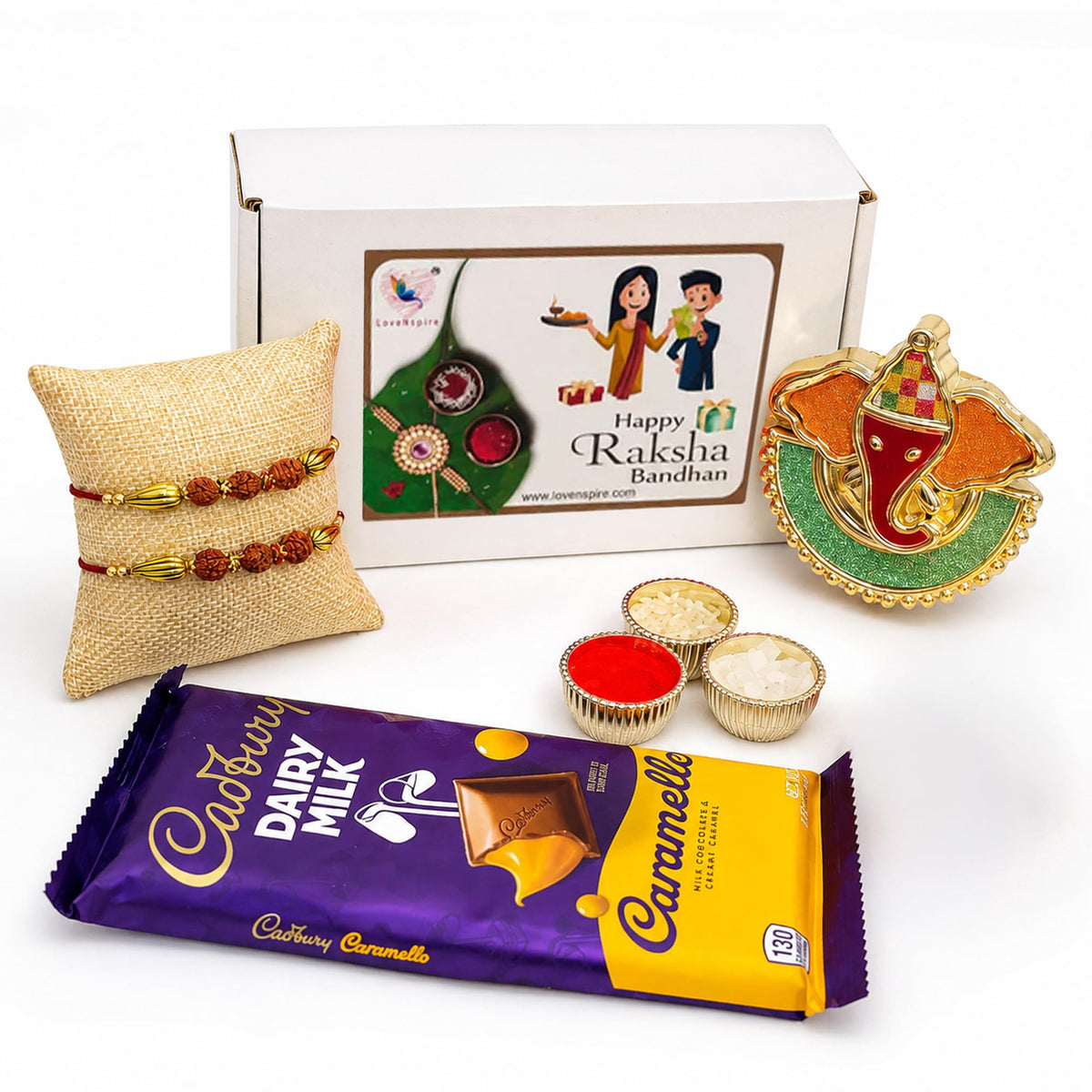 LoveNspire Raksha Bandhan Gift Hamper for Brother & Bhabhi - Rudraksha Rakhi Bracelet Set with Chocolates, Candle Holder & Roli Chawal | Traditional