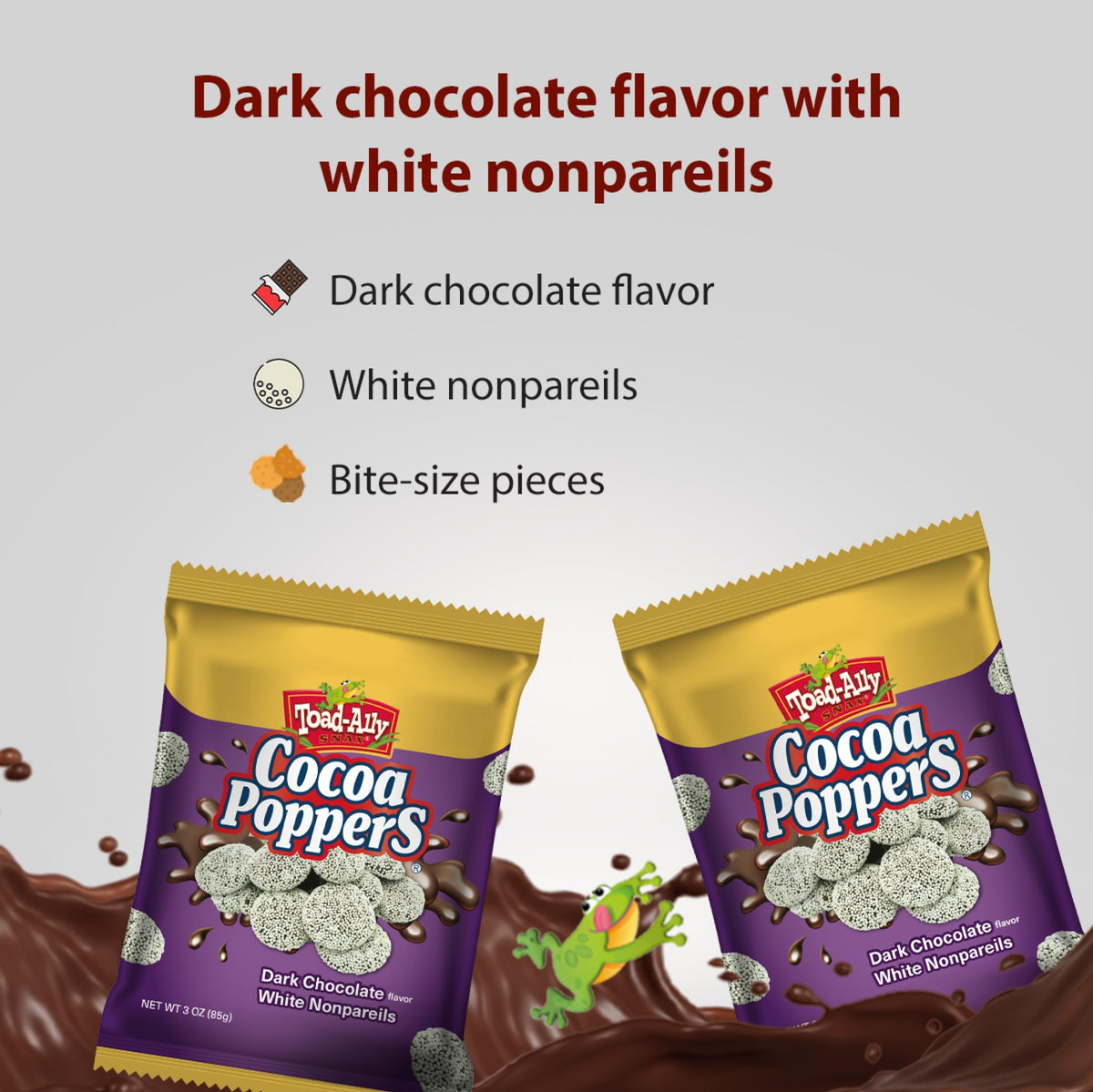 Cocoa Poppers™ Dark w/ White - 3 oz x 24 ct. - Peg Bag - Dark Chocolate Flavor with White Nonpareils, Delicious Gourmet Treat - Rich, Crunchy,