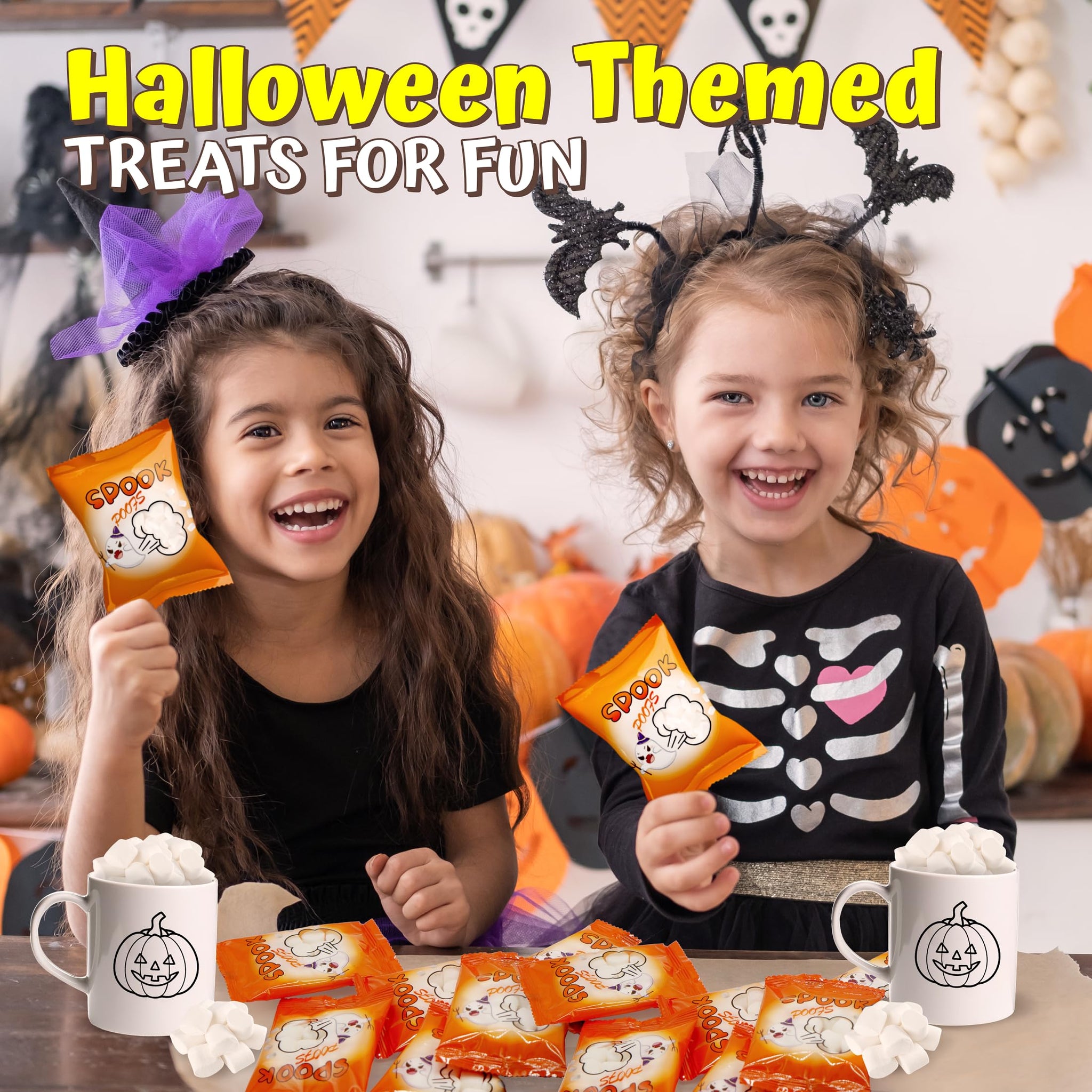 4E's Novelty 24 Pack Halloween Mini Marshmallows - Spook Poof - Indvidually Wrapped Vanilla Flavor - Halloweens Candy for Kids in Bulk, Snacks