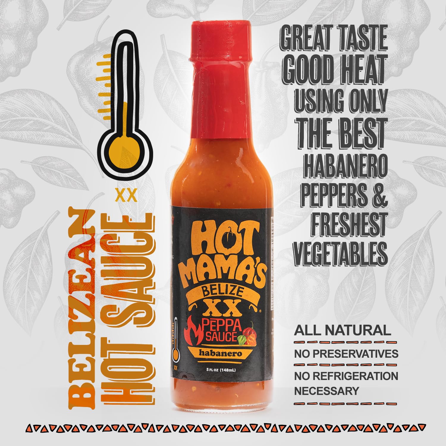 Hot Mama's Belize XX Pepper - Habanero Hot Sauce Medium-High Heat Level, All-Natural, No Preservatives, Non GMO - Gluten-Free, Vegan-Friendly, Fresh