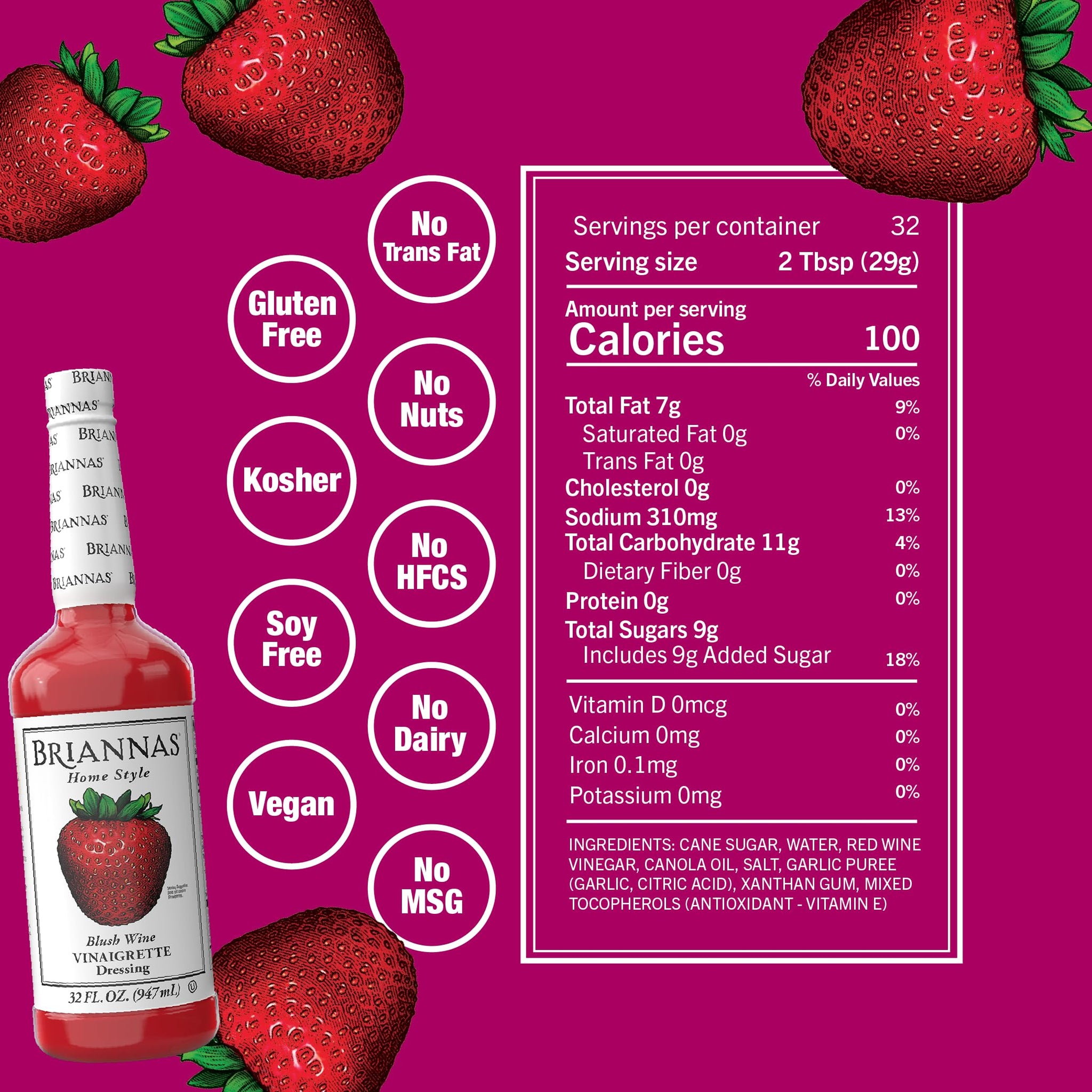 BRIANNAS - Home Style Blush Wine Vinaigrette Dressing - Fine Salad Dressing made with Premium Ingredients - Gluten Free, Kosher, & Vegan - 32 oz