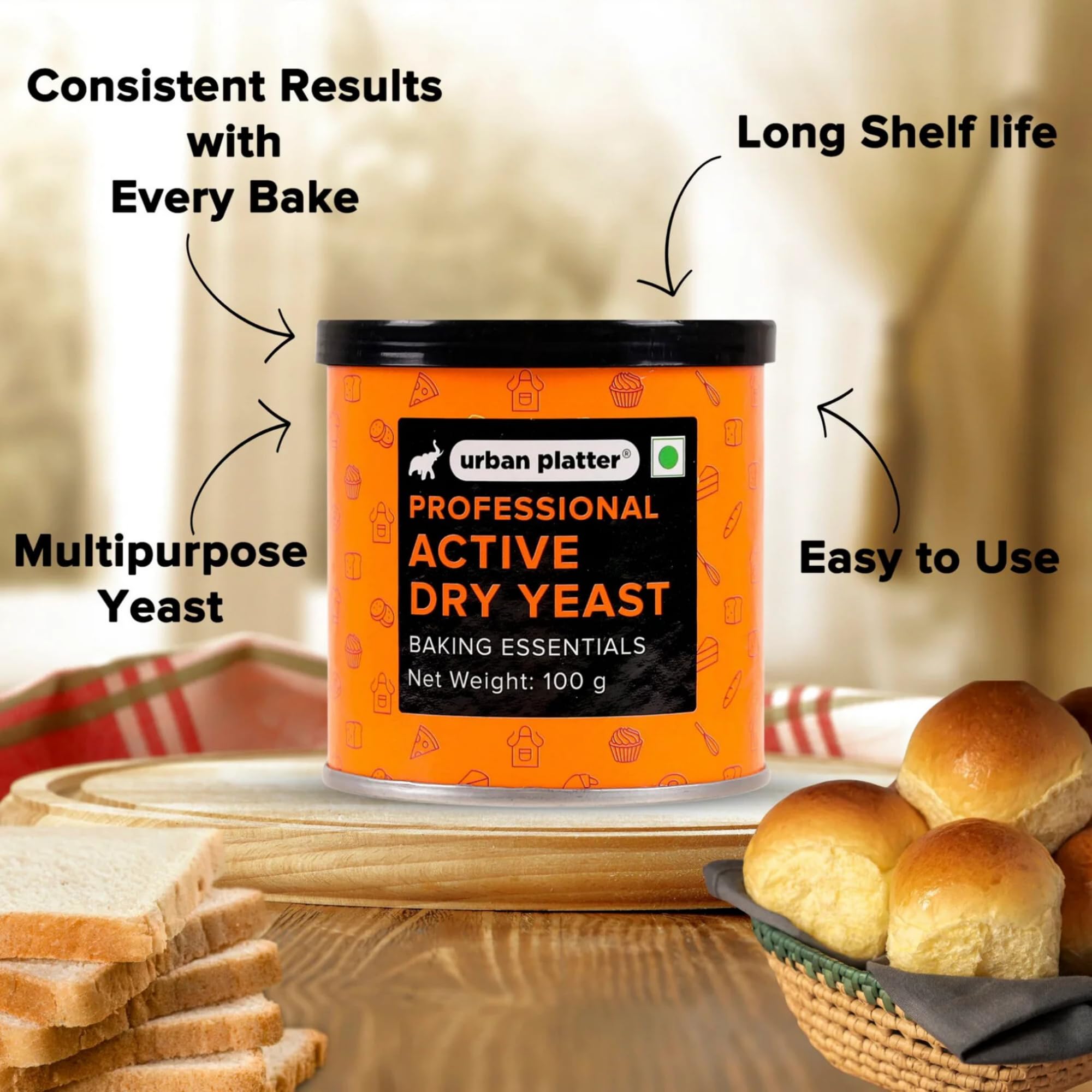 Urban Platter Active Dry Yeast | 3.53 Oz (100g) | Fast Rising Yeast for Baking Bread, Pizza, Cakes & Dough | Professional Grade & Gluten Free | No