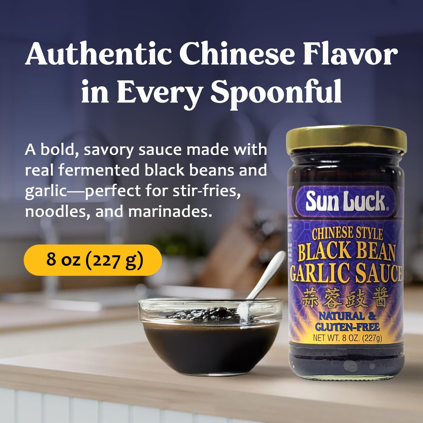 Sun Luck Black Bean Garlic Sauce 8 oz Jar - Savory Fermented Black Beans with Garlic for Stir-Fry, Marinades & Dipping; Bold Umami Flavor.