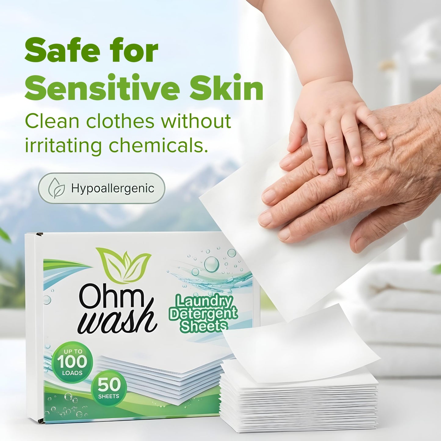 Ohm Earth’s Wash Laundry Detergent Sheets Hypoallergenic & Dye-Free Liquidless Detergent, Fast Dissolving Concentrated Strips Ideal for Sensitive