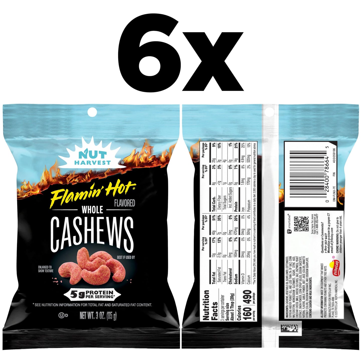 Nut Harvest Flavored Cashews, Flamin' Hot, 3 oz Bags, (6 Pack), 5g Protein Per Serving