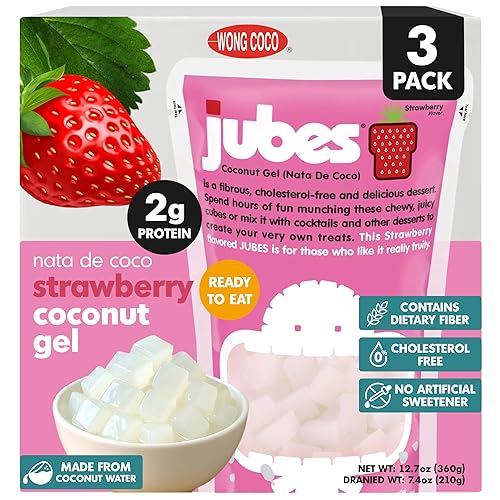 Jubes Strawberry Nata De Coco Jelly Cubes (12.7 oz, Pack of 3) - Strawberry Coconut Jelly Cubes for Sago - Coconut Gel in Syrup Toppings for Fruit