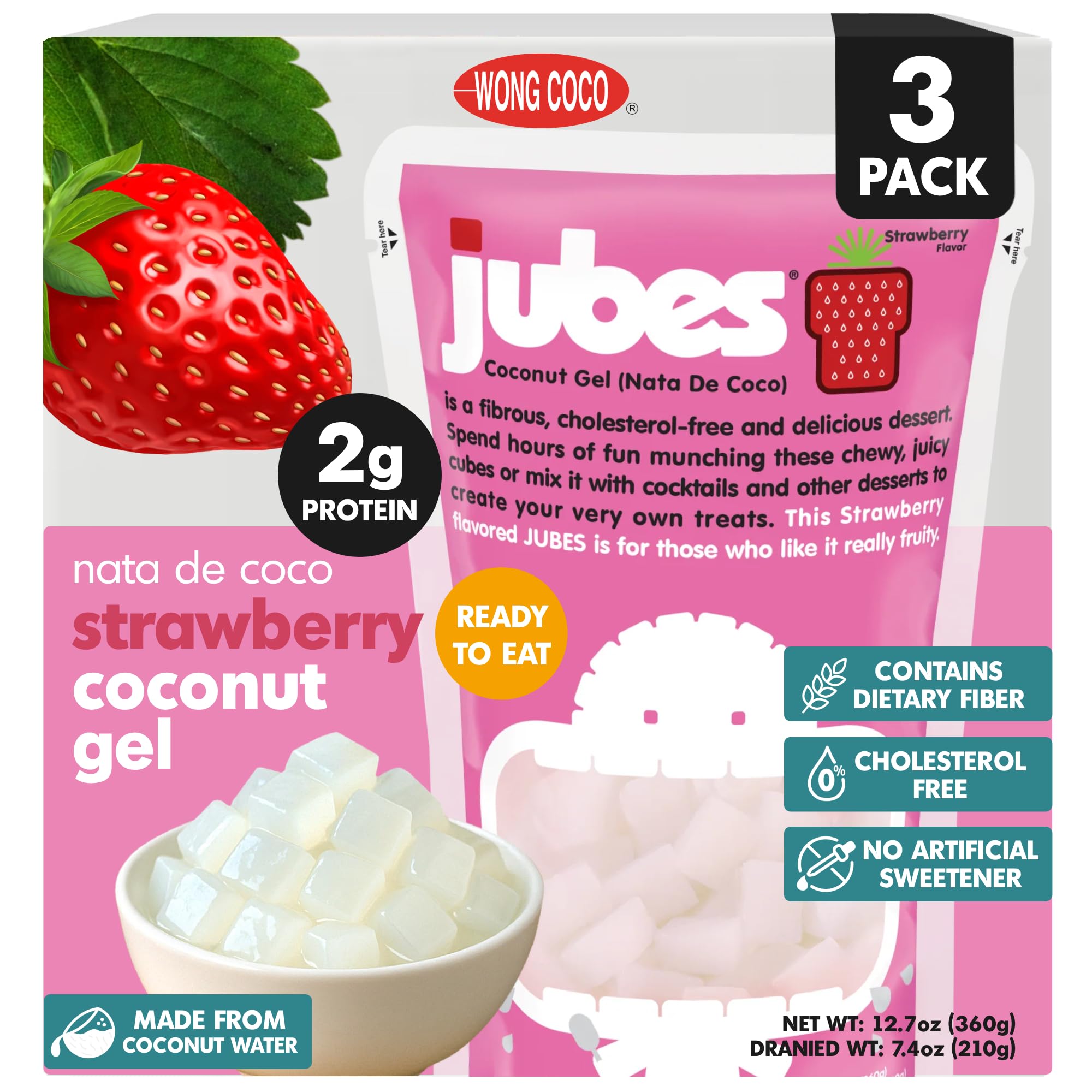 Jubes Strawberry Nata De Coco Jelly Cubes (12.7 oz, Pack of 3) - Strawberry Coconut Jelly Cubes for Sago - Coconut Gel in Syrup Toppings for Fruit