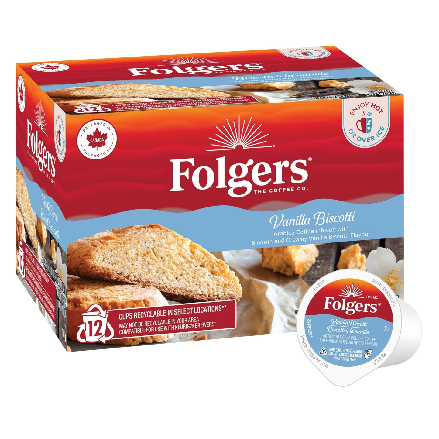 Folgers Vanilla Biscotti Coffee Pods,12 Pods,108g {Imported from Canada}