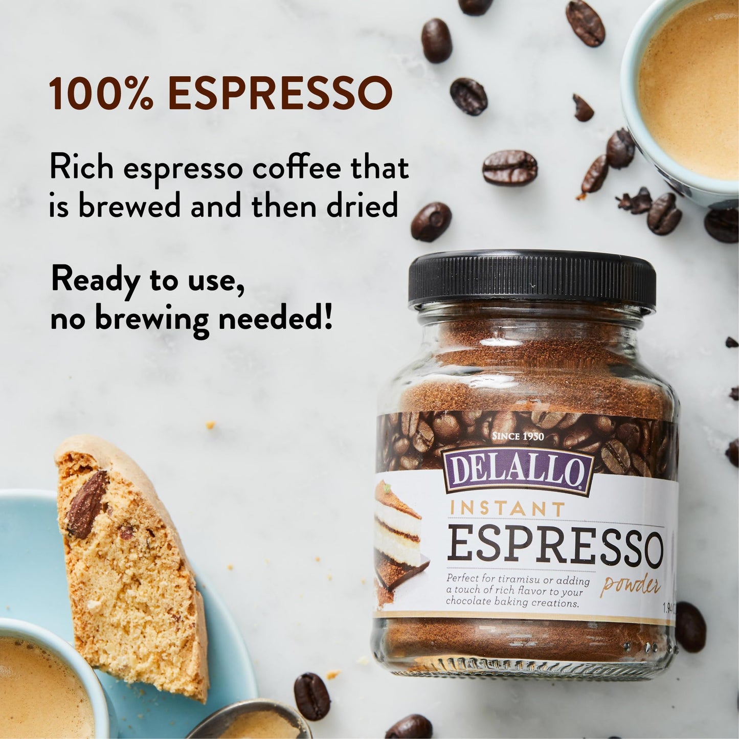 DeLallo Instant Espresso Powder, For Baking and Drinks,100% Dark Roast Coffee, Naturally Caffeinated, Kosher, Vegan, Non-GMO, Peanut Free, 1.94 oz