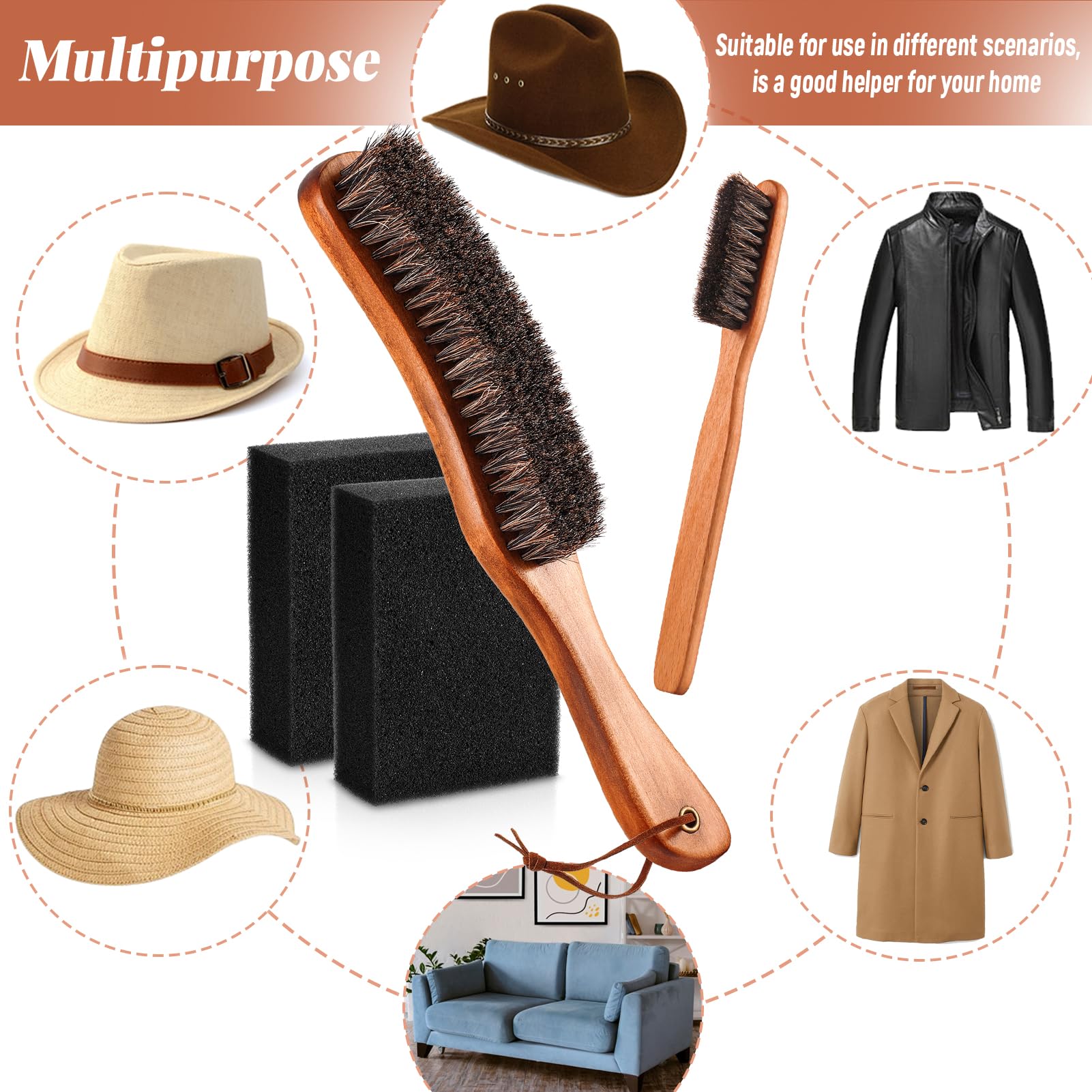 4 Pcs Horsehair Felt Hat Brush Kit with Cleaning Sponge Cowboy Clean Hat Wood Fedora Hat Cleaning Set Baseball Cap Lint Brush Remove Dust for Hair