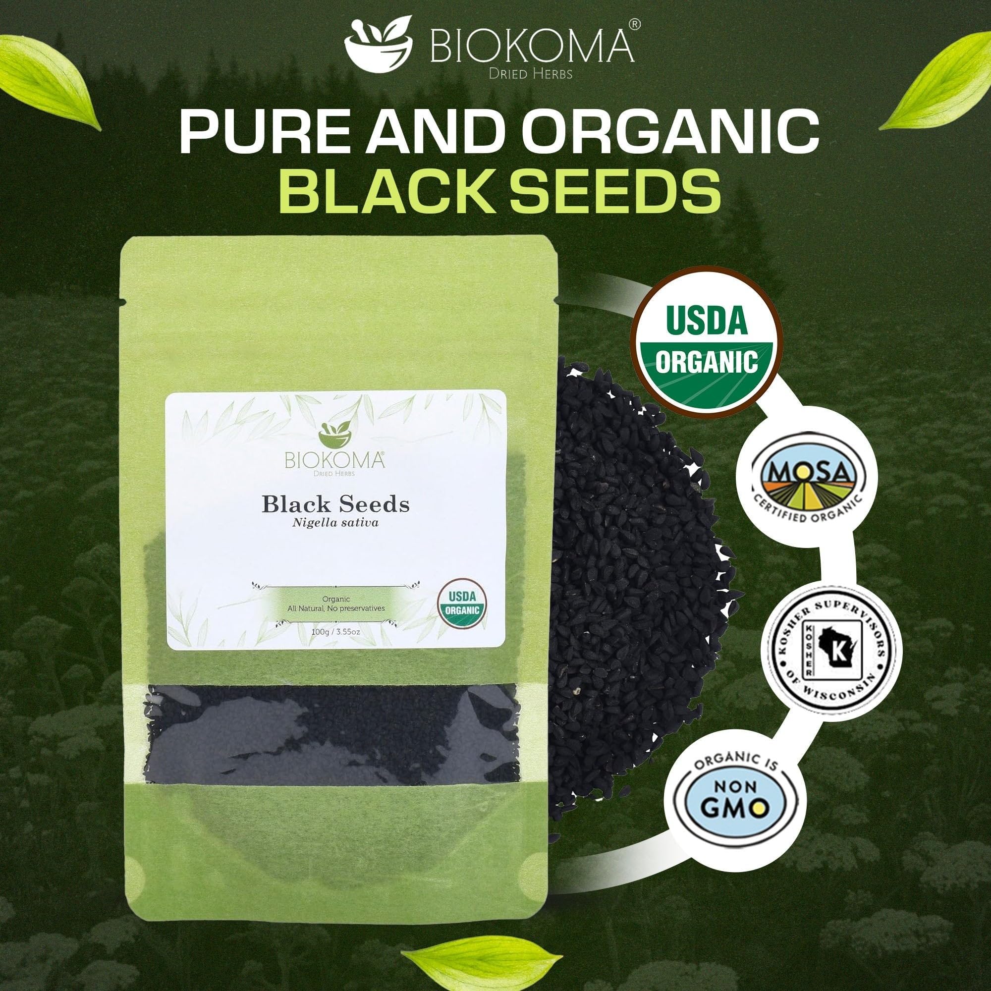 Biokoma Organic Black Seeds 100g 3.55oz Black Cumin Nigella Sativa USDA Organic Herbal Tea Superfood Health Cooking Baking Kalonji Spice Resealable