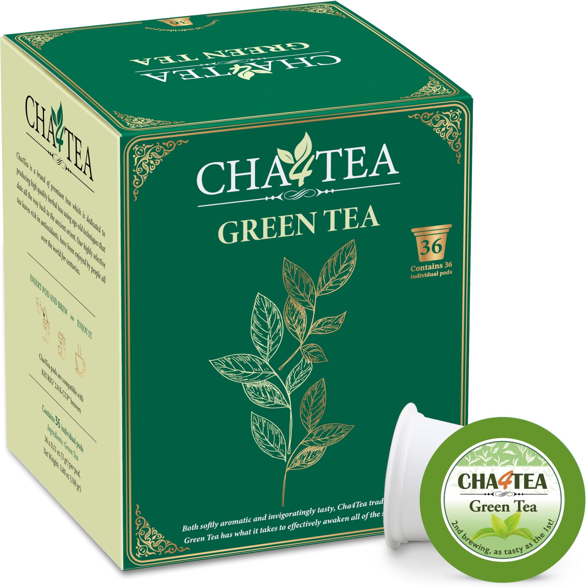 Cha4TEA 36-Count Green Tea Pods Compatible with Keurig K-Cup Brewers