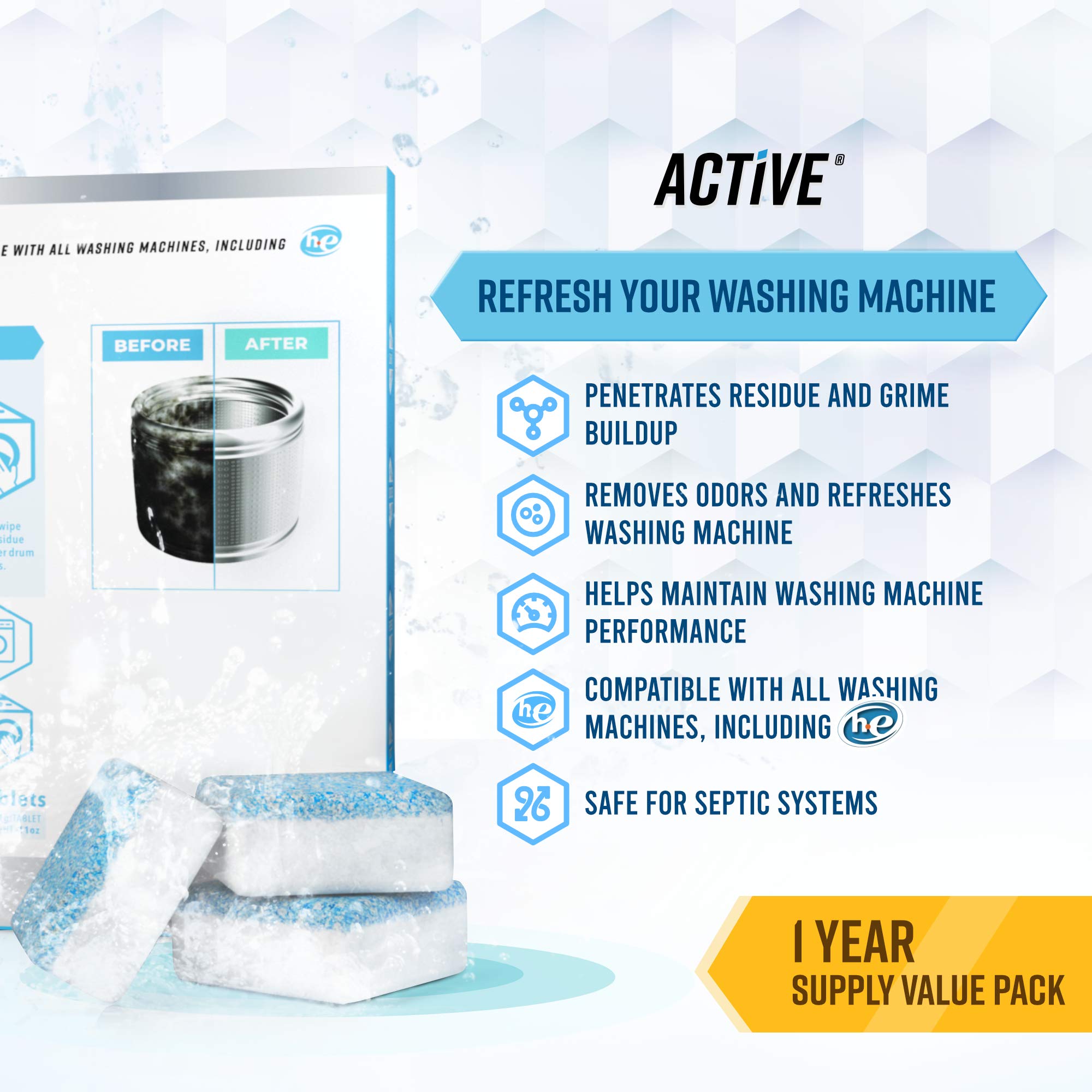 ACTIVE Washing Machine And Dishwasher Cleaning Tablets Bundle - Includes 12 Month Supply Dishwasher Cleaner Deodorizer & Washing Machine Descaler Deep