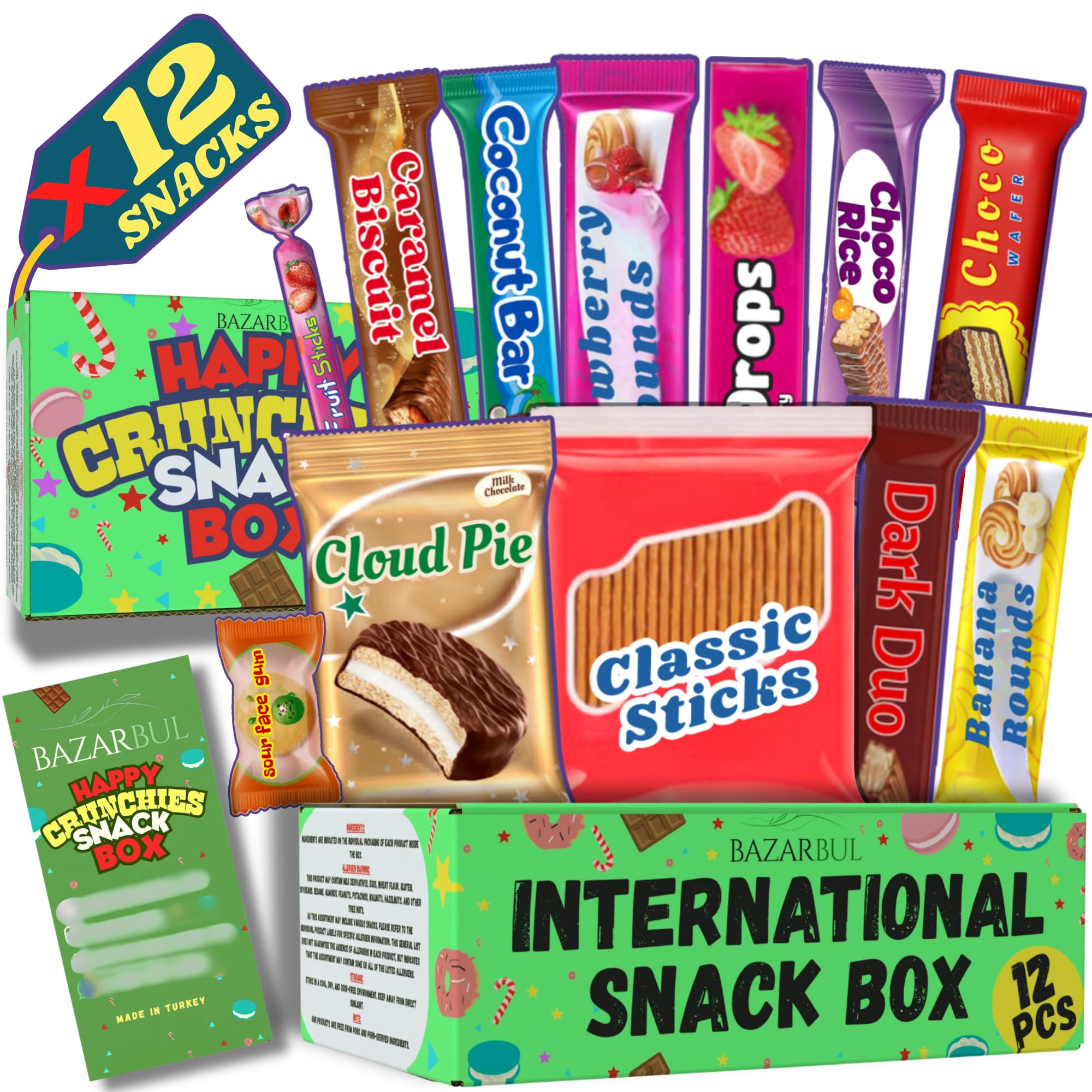 BAZARBUL International Snack Box, 12+ Global Snacks and Treats, Universal Snacking Experience Gift Box for Adults, Teens and Kids (Mini, 12, Count)
