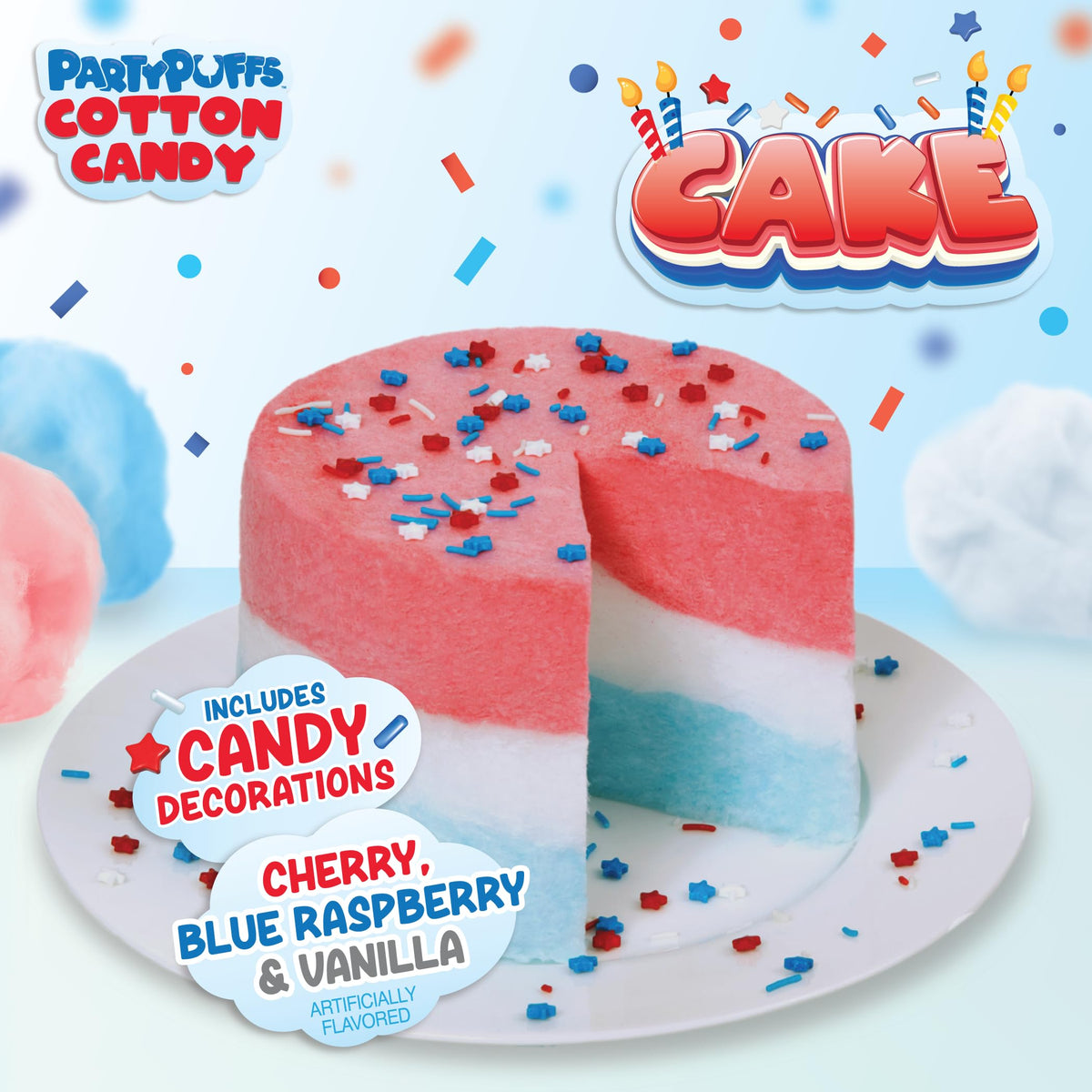 PartyPuffs 4oz Sliceable Cotton Candy Cake Tub - Strawberry Vanilla Blue Raspberry - Ready-to-Serve Gluten-Free Dessert for Kids & Party Favors