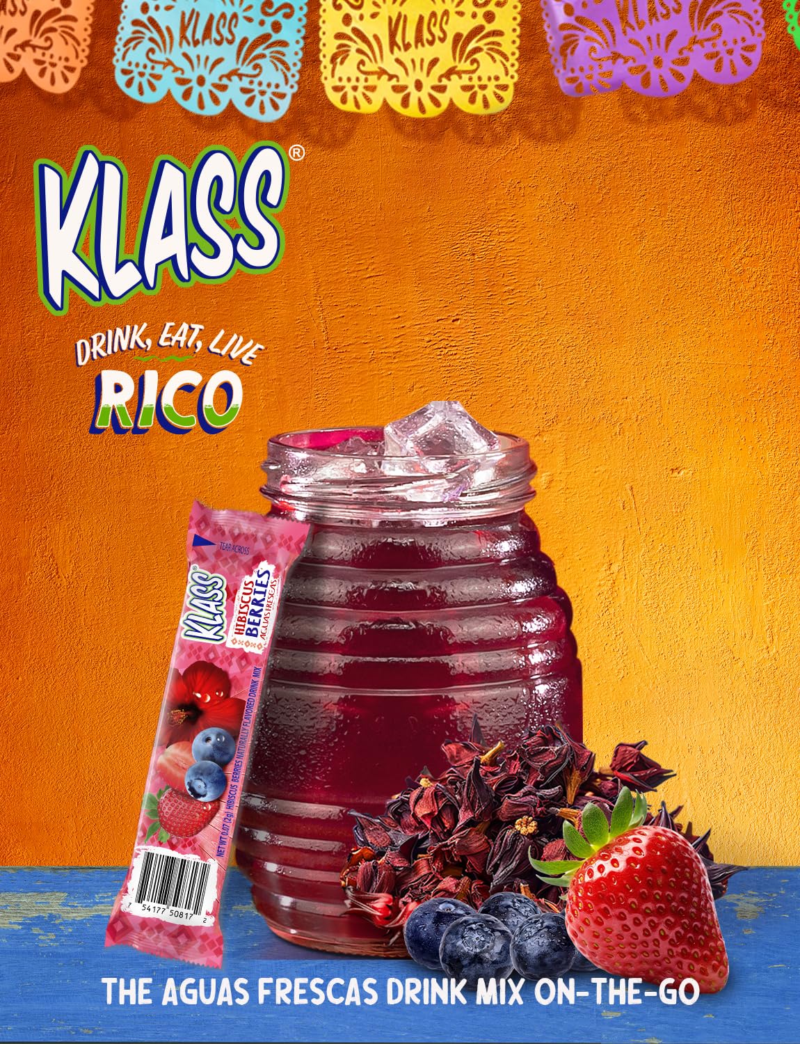 Klass Aguas Frescas, Powdered Drink Mix, 40 Singles Zero Sugar & Caffeine-Free Powder Packets, Water Drink Mix, Flavor: Hibiscus Berries - 5 Calories