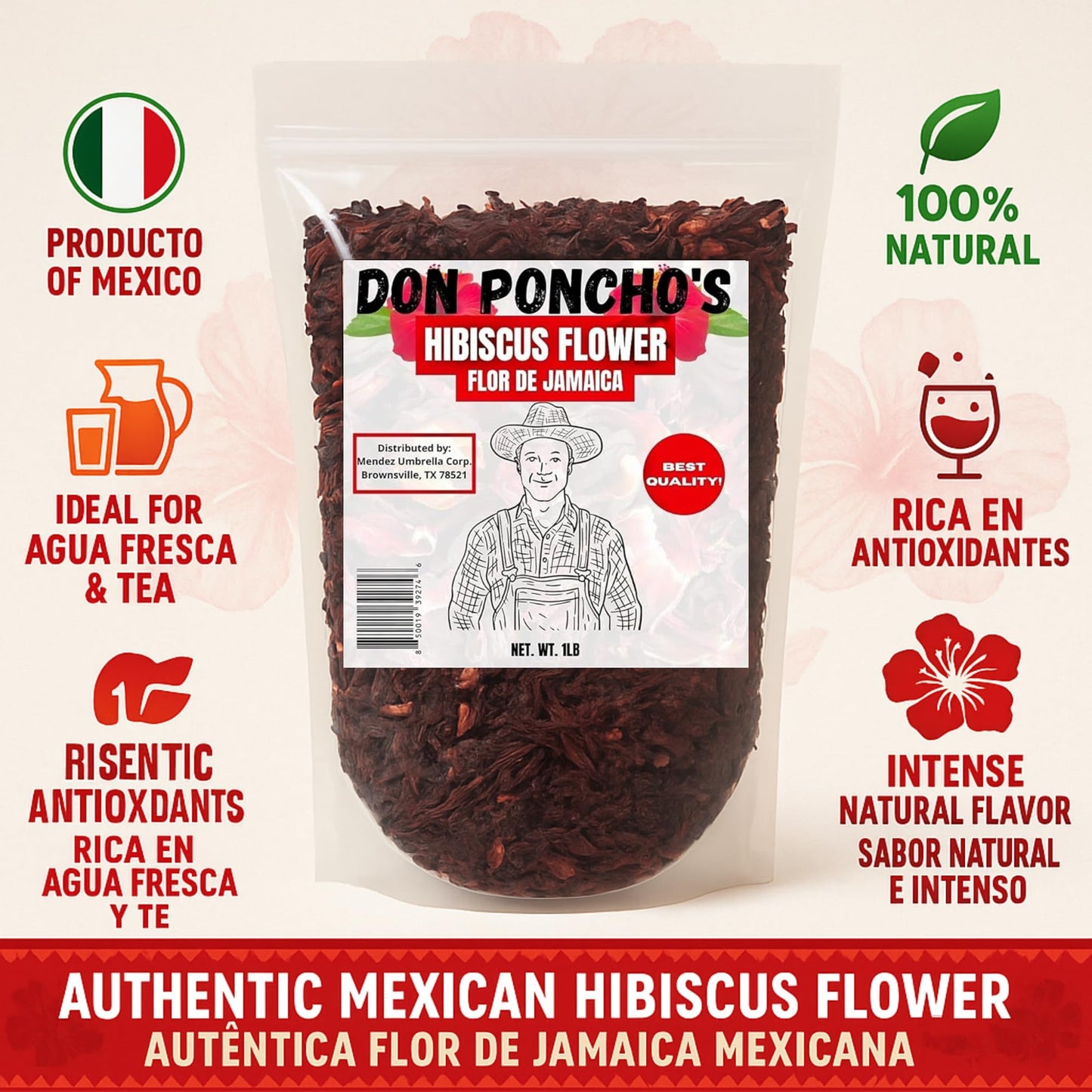 Don Ponchos Hibiscus Tea Organic 1Lb - Premium Hibiscus Flowers for Loose Leaf Tea - Flor de Jamaica for Refreshing, Aromatic Herbal Infusion - Ideal