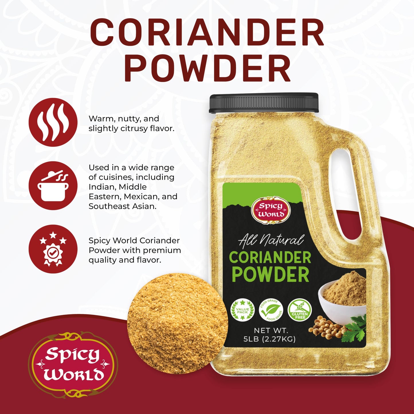 Coriander Powder 5 LB Bulk Jar - All Natural, Pure, Bulk Corriander Seeds Ground, No Preservatives & Freshly Packed by Spicy World