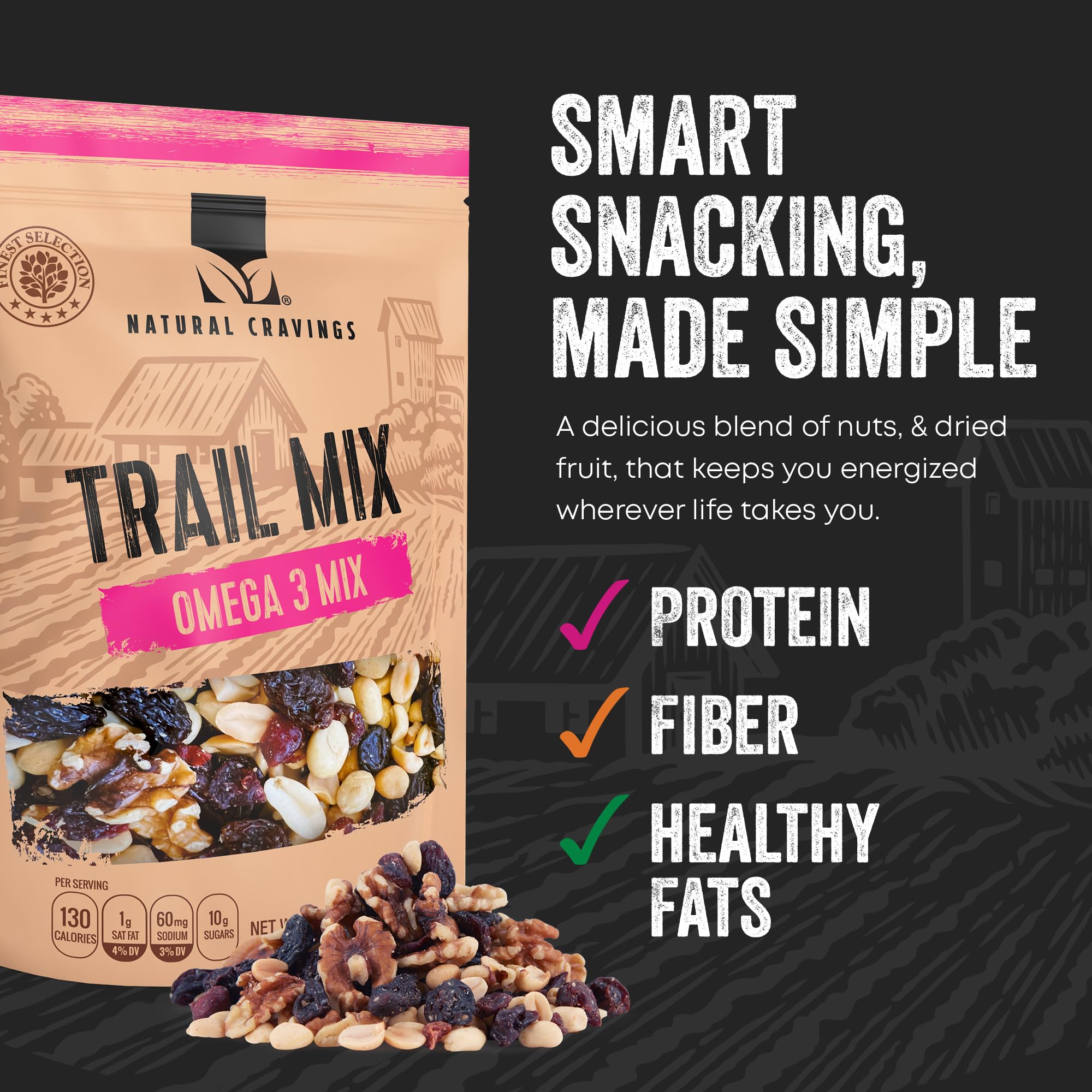 Natural Cravings 22oz Trail Mix Bulk Family Size Bag - Omega 3 Dried Fruit Mix & Assorted Nuts Mix with Dry Cranberries, Peanuts, Raisins & Walnuts