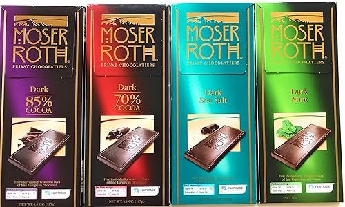 German Dark Chocolate Bundle of 4 Varieties. Moser Roth 85% Cocoa, 70% Cocoa, Dark Sea Salt and Dark Mint. Low Sugar Gourmet Candy Bars. Good for the