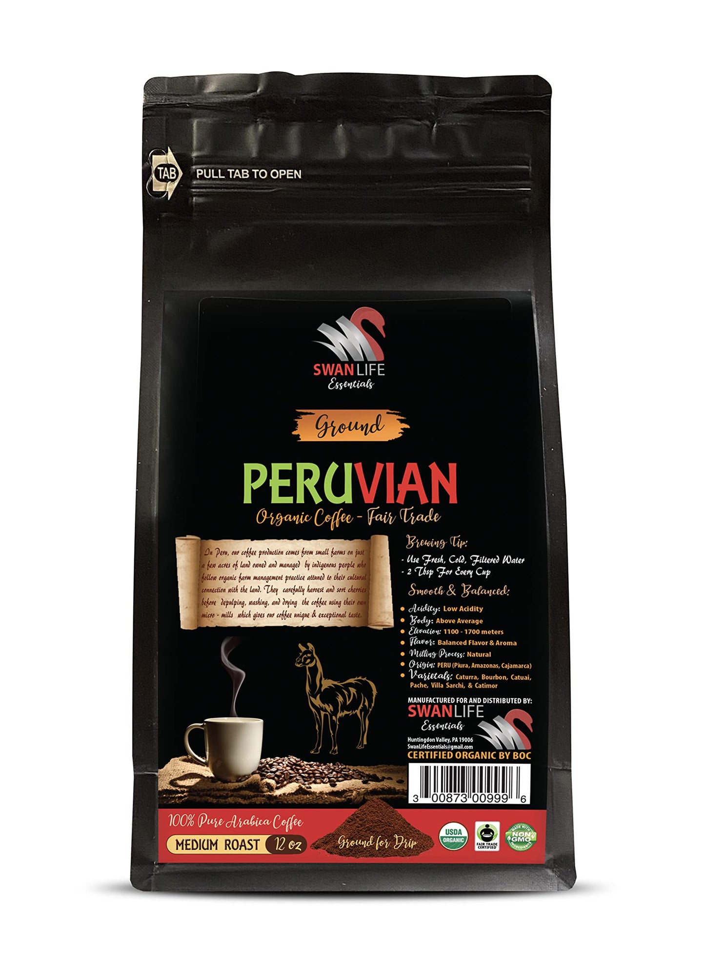 ground coffee medium roast - PERUVIAN GROUND ORGANIC COFFEE, fair trade, 100% arabica, medium roast, low acidity - arabica coffee ground, 1 Bag (12