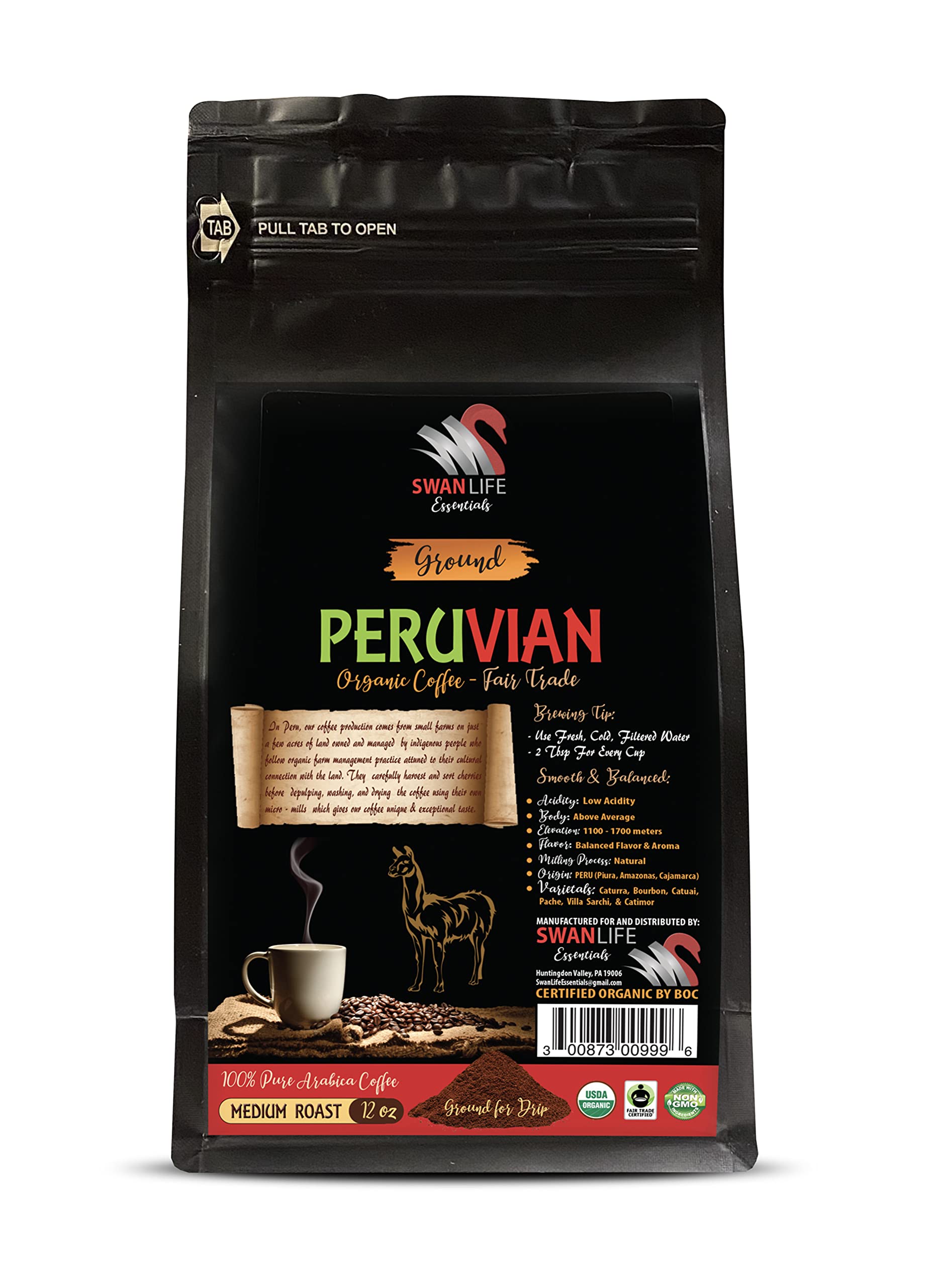 ground coffee medium roast - PERUVIAN GROUND ORGANIC COFFEE, fair trade, 100% arabica, medium roast, low acidity - arabica coffee ground, 1 Bag (12
