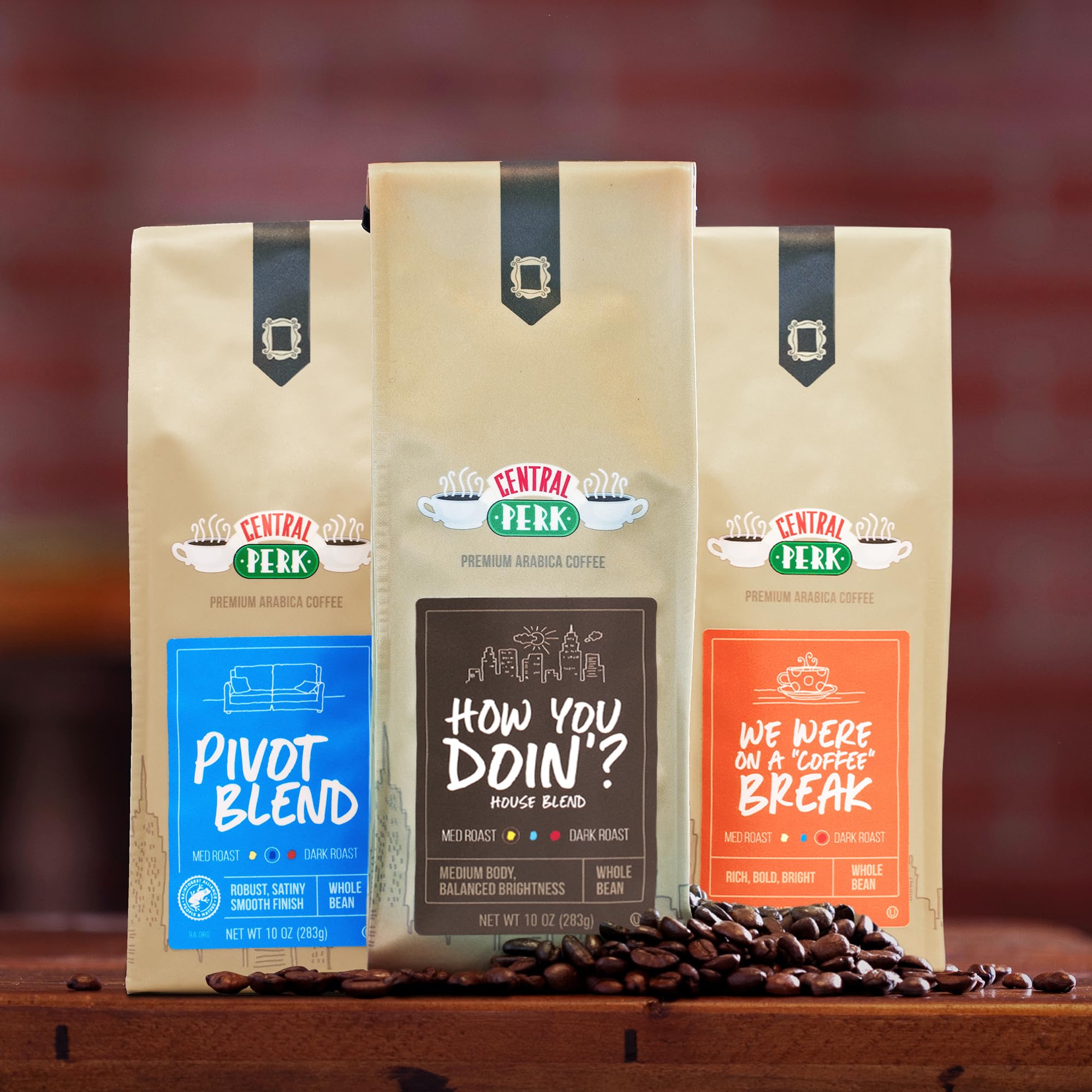 Central Perk Whole Bean Variety Pack - 100% Arabica Coffee Beans, Includes Medium, Medium Dark & Dark Roast Blends, "How You Doin", "Pivot" & "We Were