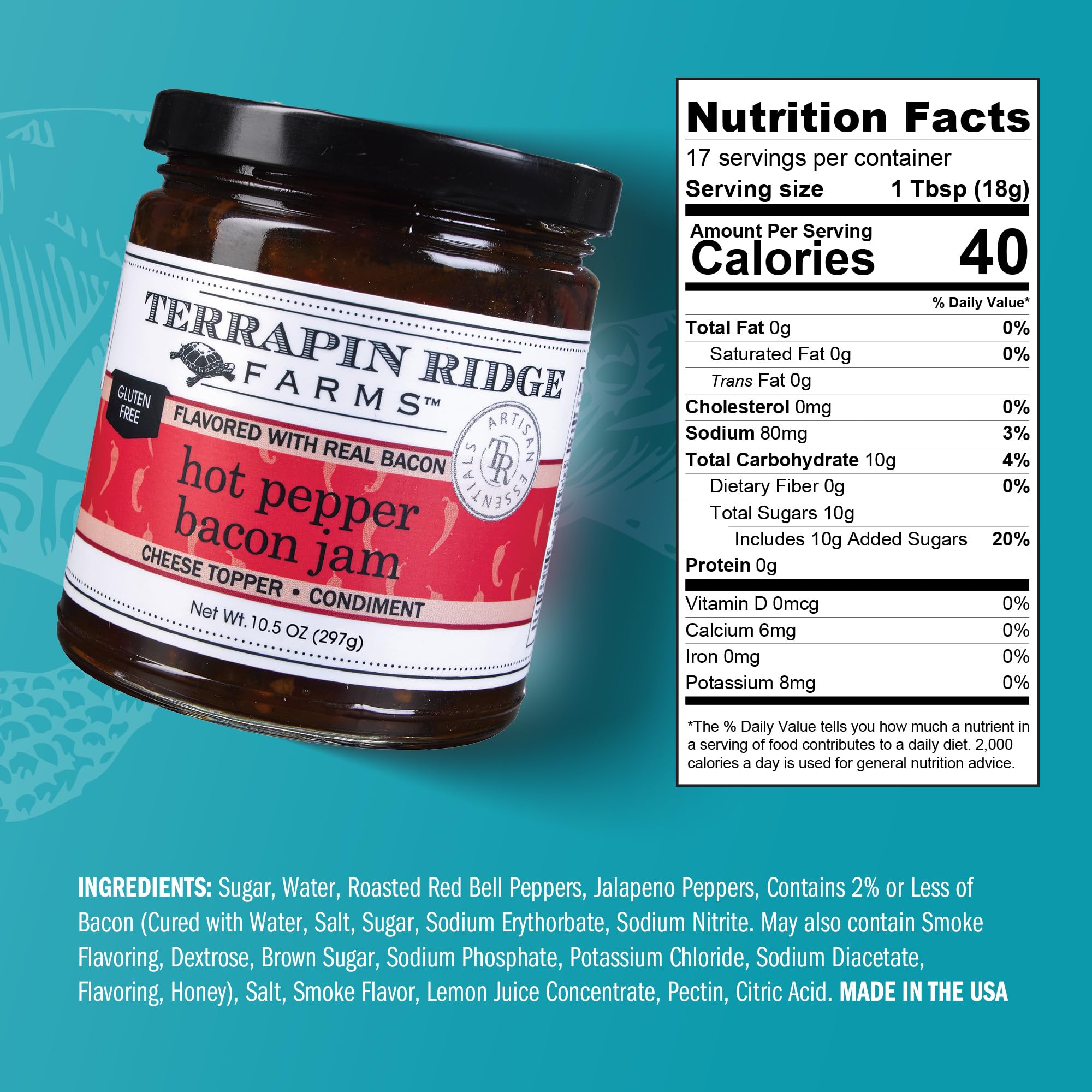 Terrapin Ridge Farms Hot Pepper Bacon Jam - Sweet & Spicy Spread with Real Bacon & Jalapeño - Gourmet Condiment for Cheese, Meats, and Appetizers
