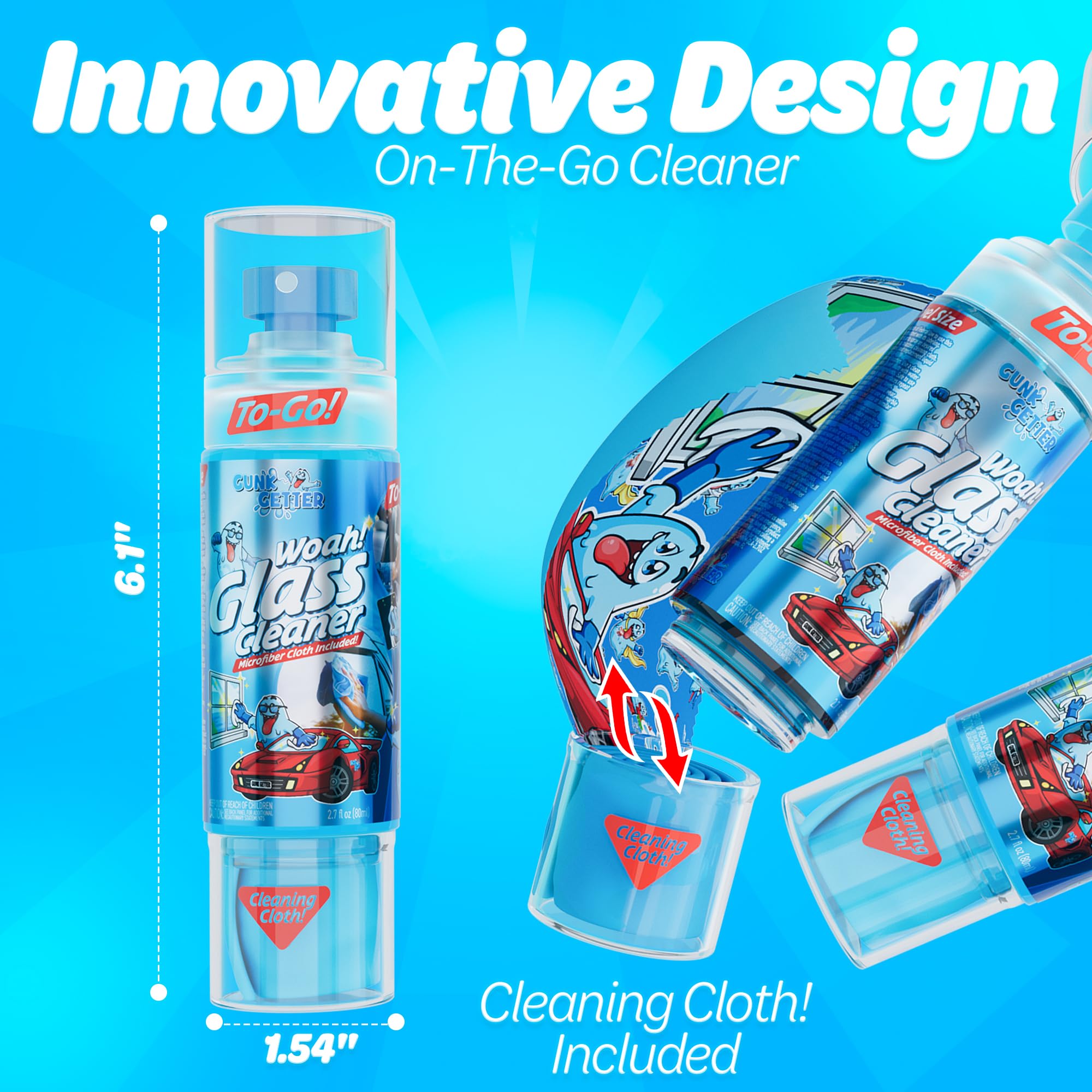 Gunk Getter - Travel Spray Bottle With Microfiber Cap - Glass Cleaner (2 Pack)