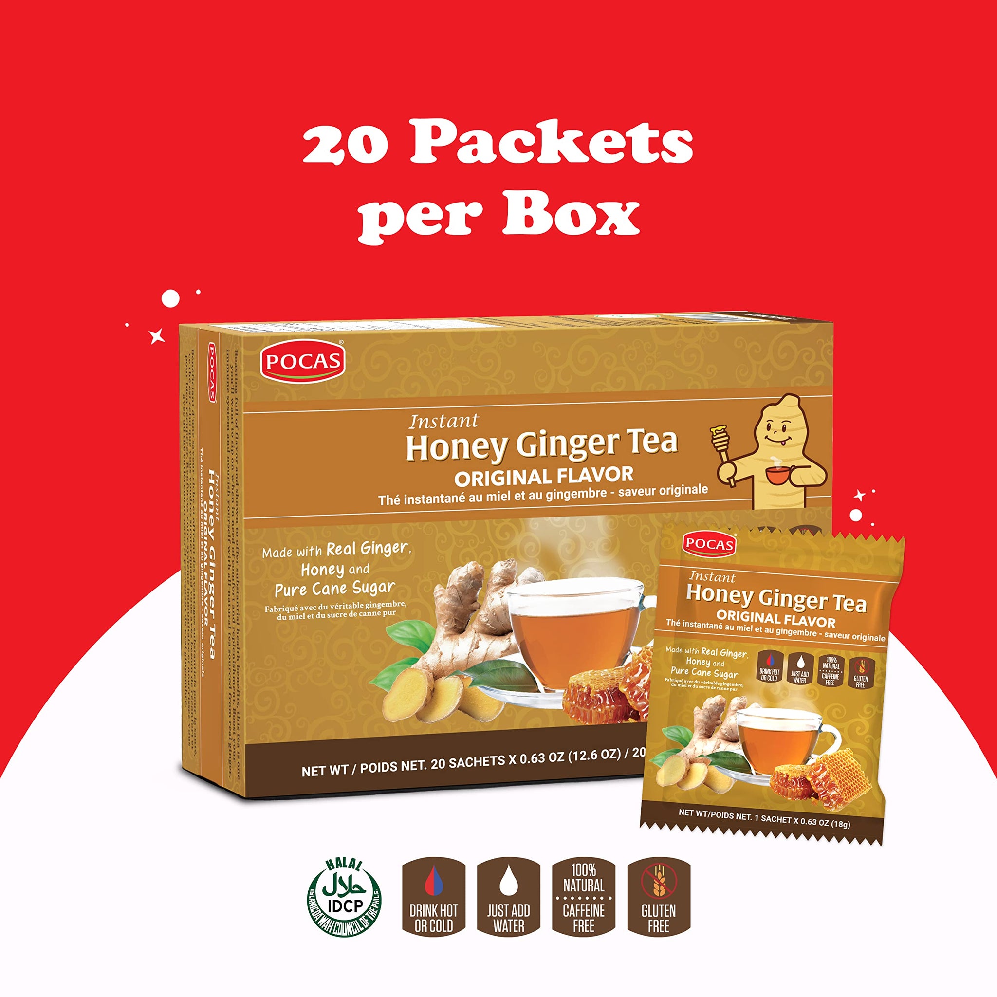 Pocas Honey Ginger Tea, Original, Instant Powder (20 Pack)