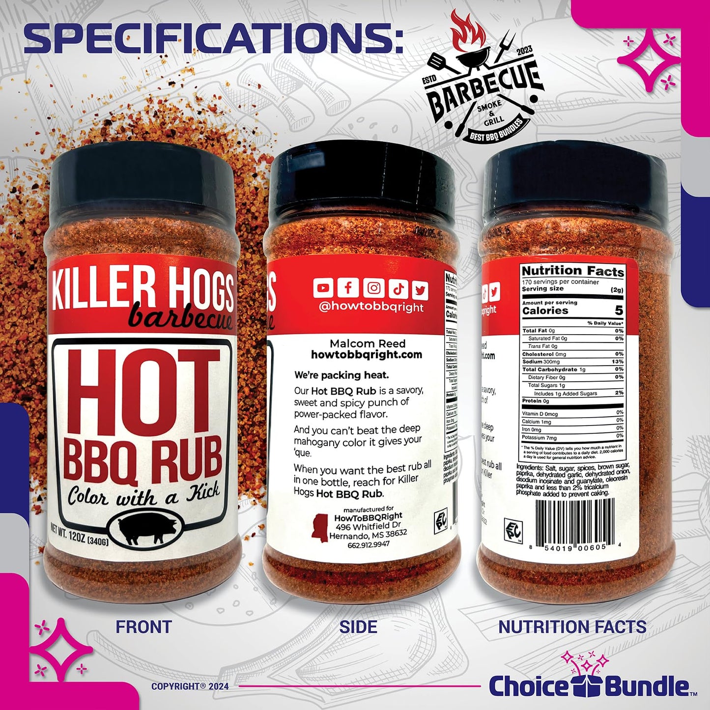 Killer Hogs Hot BBQ Rub Premium Barbecue Rub & Seasoning 4 pk (48 oz) + Guide & Bottle Opener (6 Items)!