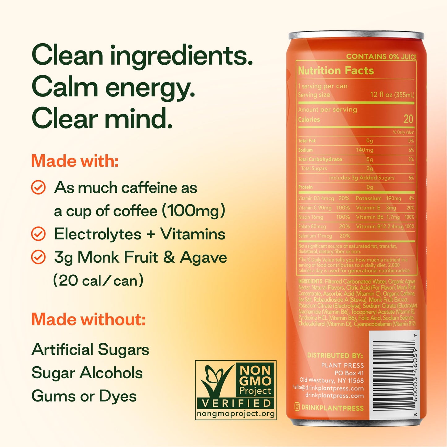 Plant Press - Organic Energy Drink, 100 mg Caffeine Clean Coffee Alternative, Full Range of Vitamins, Electrolytes, No Sugar Alcohols, No