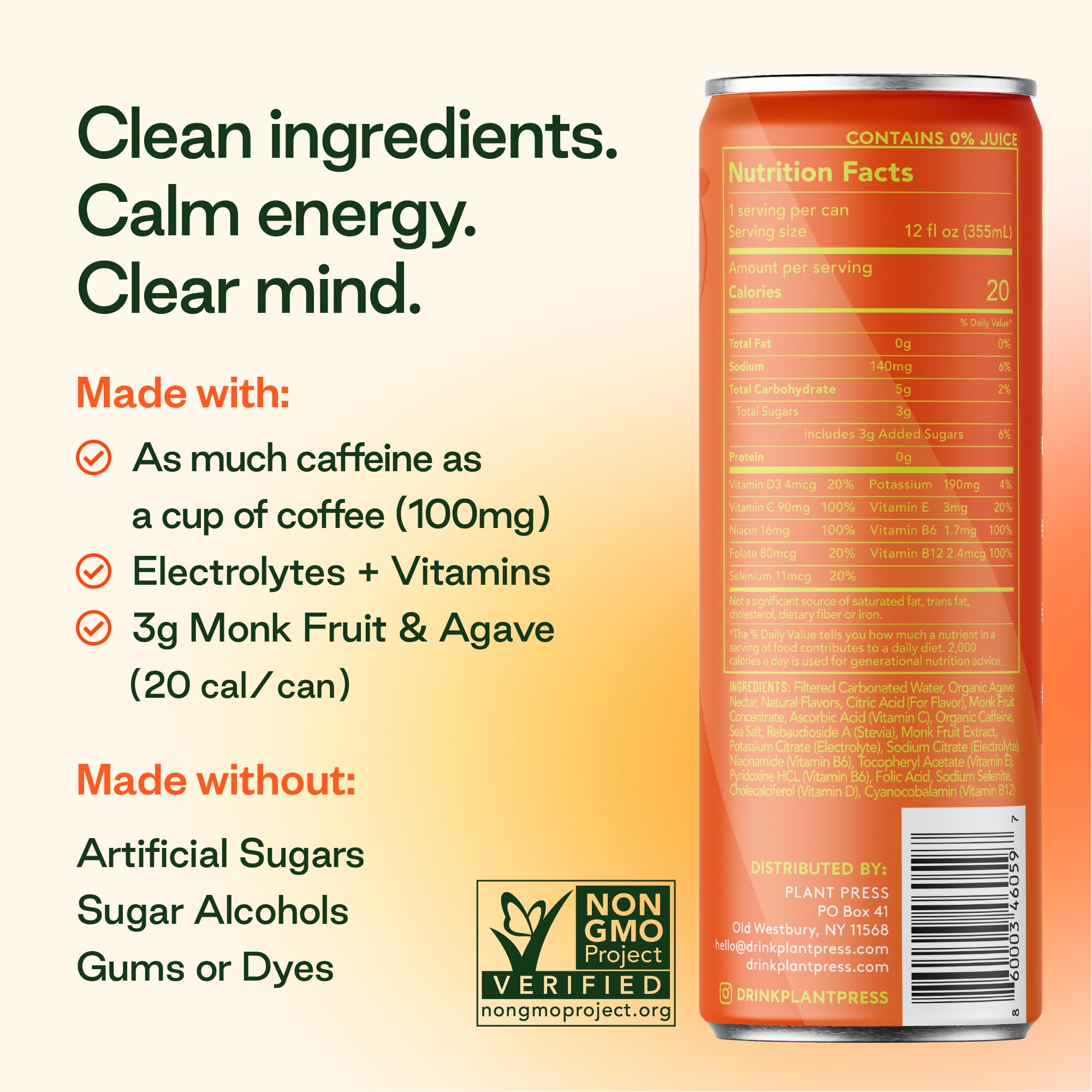 Plant Press - Organic Energy Drink, 100 mg Caffeine Clean Coffee Alternative, Full Range of Vitamins, Electrolytes, No Sugar Alcohols, No