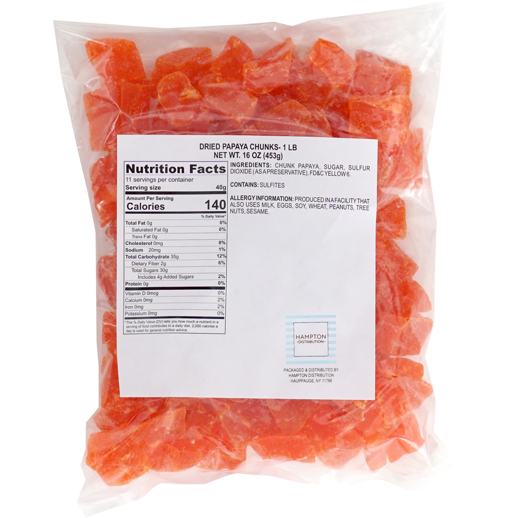 Dried Papaya Chunks, 1 Pound Bag, The Hampton Popcorn & Candy Company