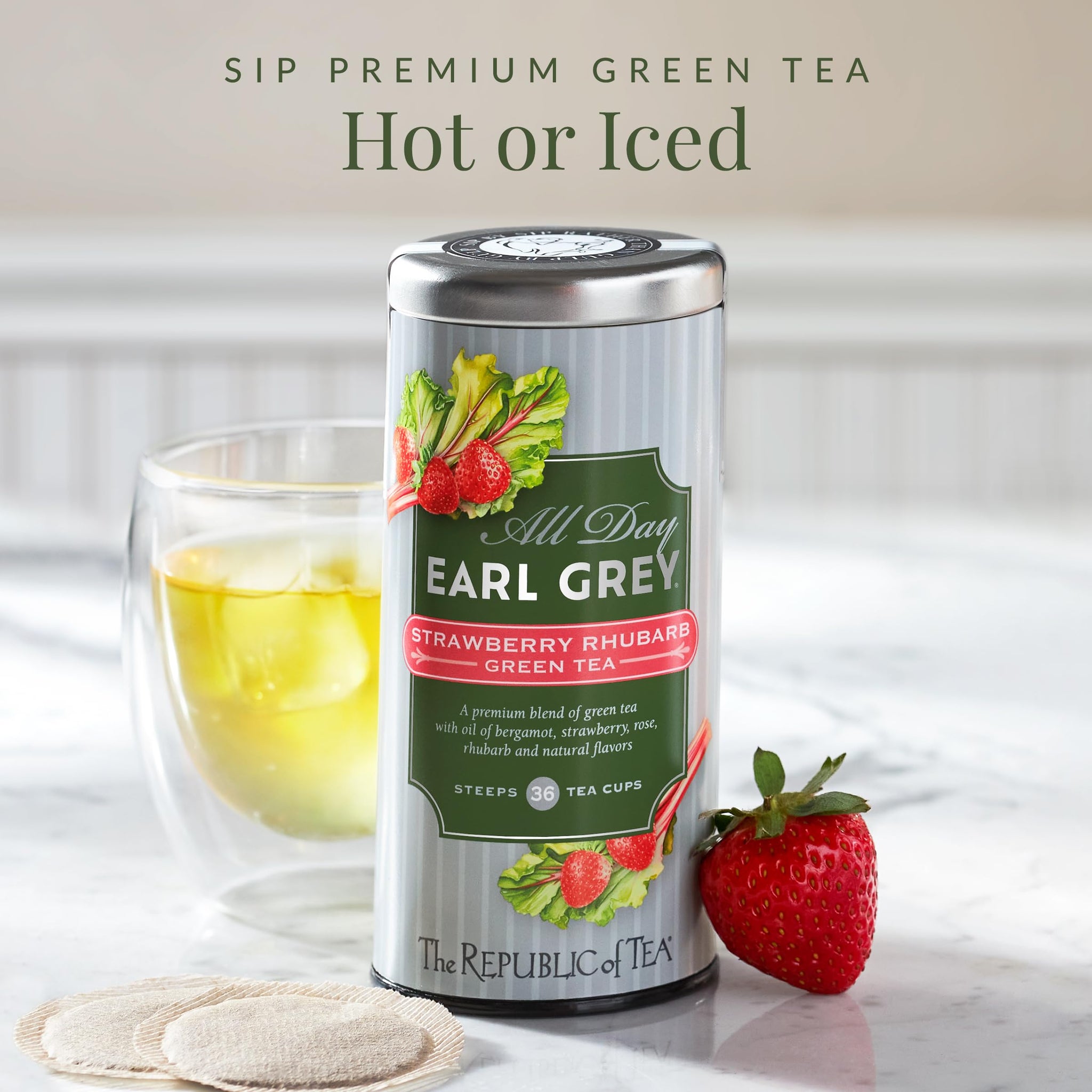 The Republic of Tea - All Day Earl Grey® Strawberry Rhubarb Green Tea, Naturally Caffeinated, 36 Tea Bags