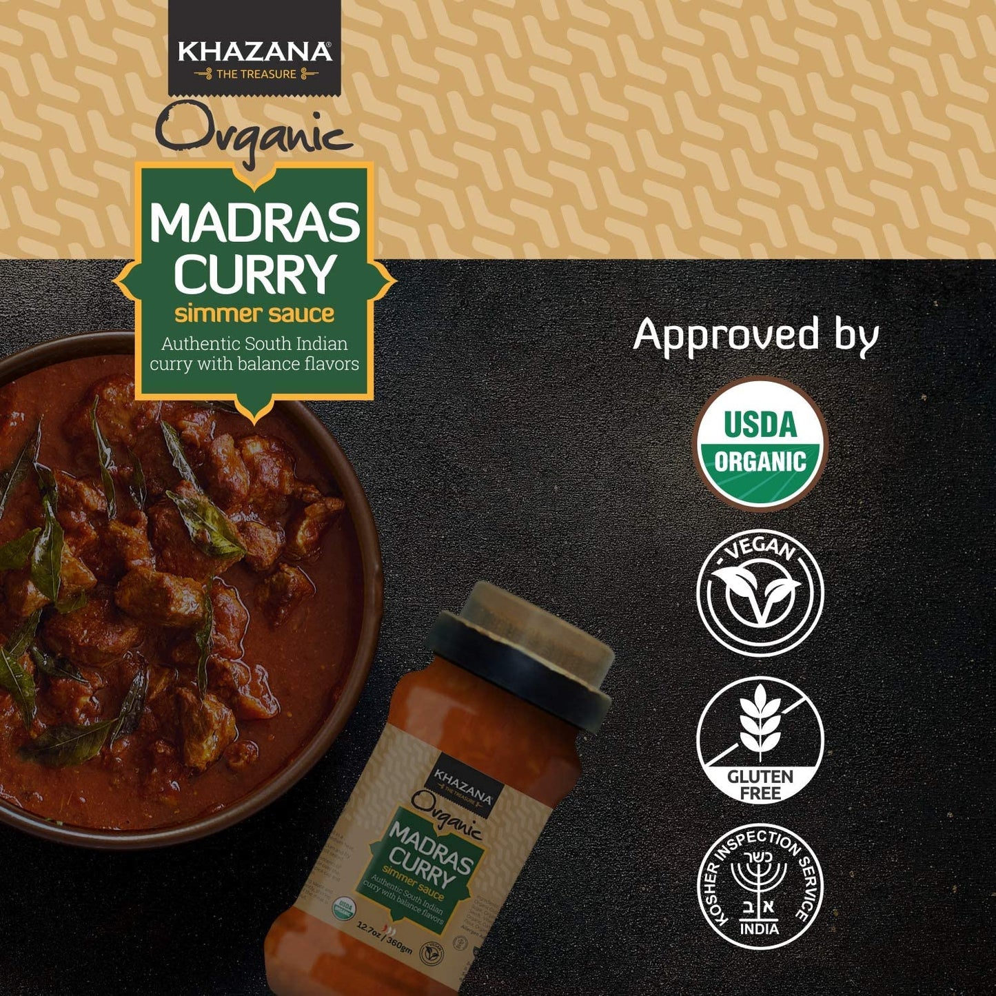 Khazana ORGANIC Madras Curry Indian Simmer Sauce - 12.7oz Jars | Non-GMO, Vegan, Gluten Free, Kosher | Authentic Indian Meals Made Easy at Home!