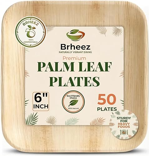 brheez Bamboo Plates Disposable Palm Leaf Plates | 6 inch bamboo appetizer plates | Eco Compostable Biodegradable Plates 50 peice