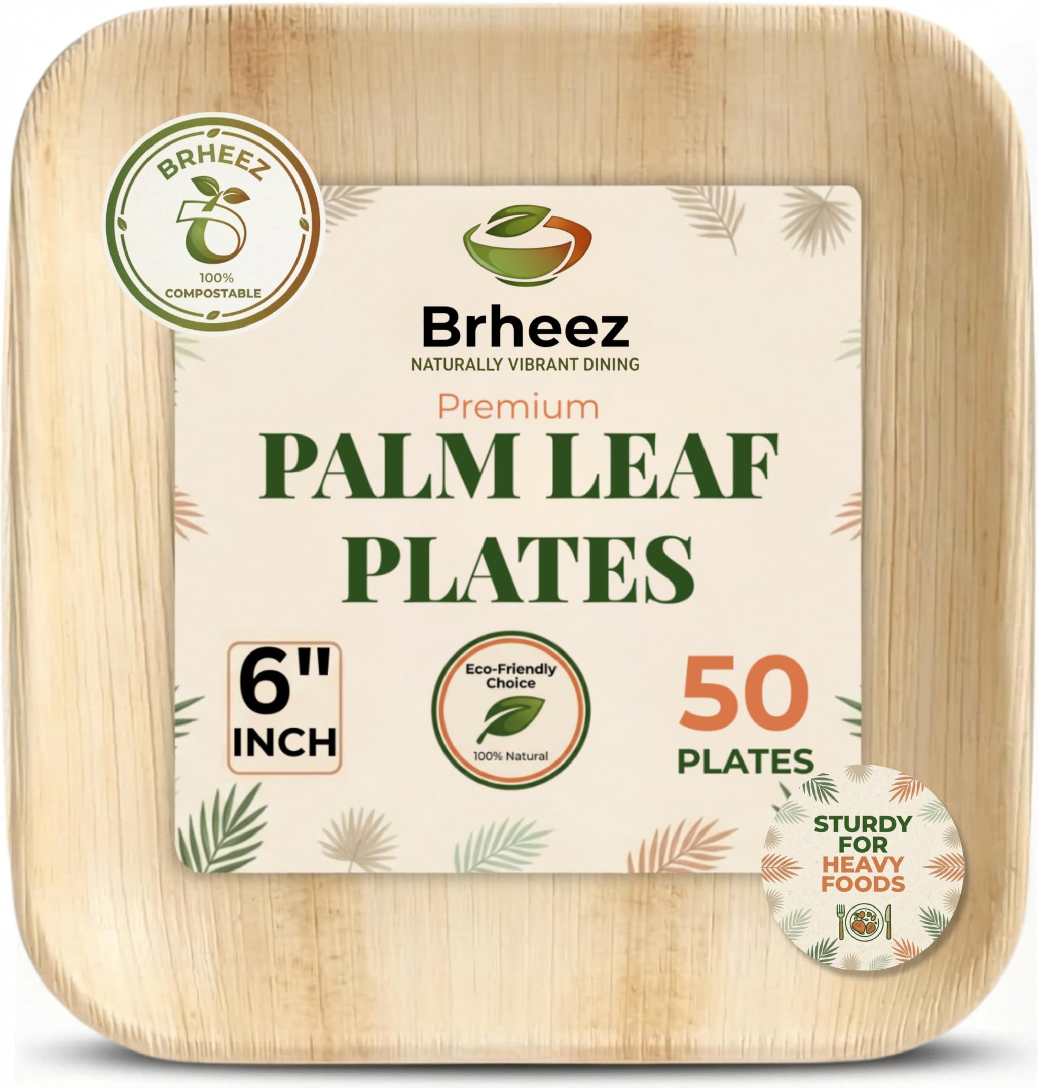 brheez Bamboo Plates Disposable Palm Leaf Plates | 6 inch bamboo appetizer plates | Eco Compostable Biodegradable Plates 50 peice