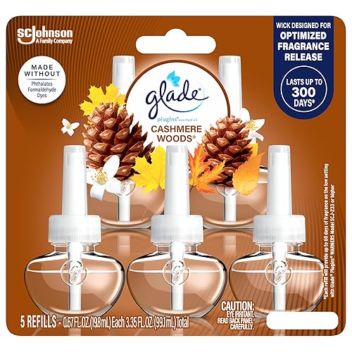 Glade PlugIns Refills Air Freshener, Scented and Essential Oils for Home and Bathroom, Cashmere Woods, 3.35 Fl Oz, 5 Count